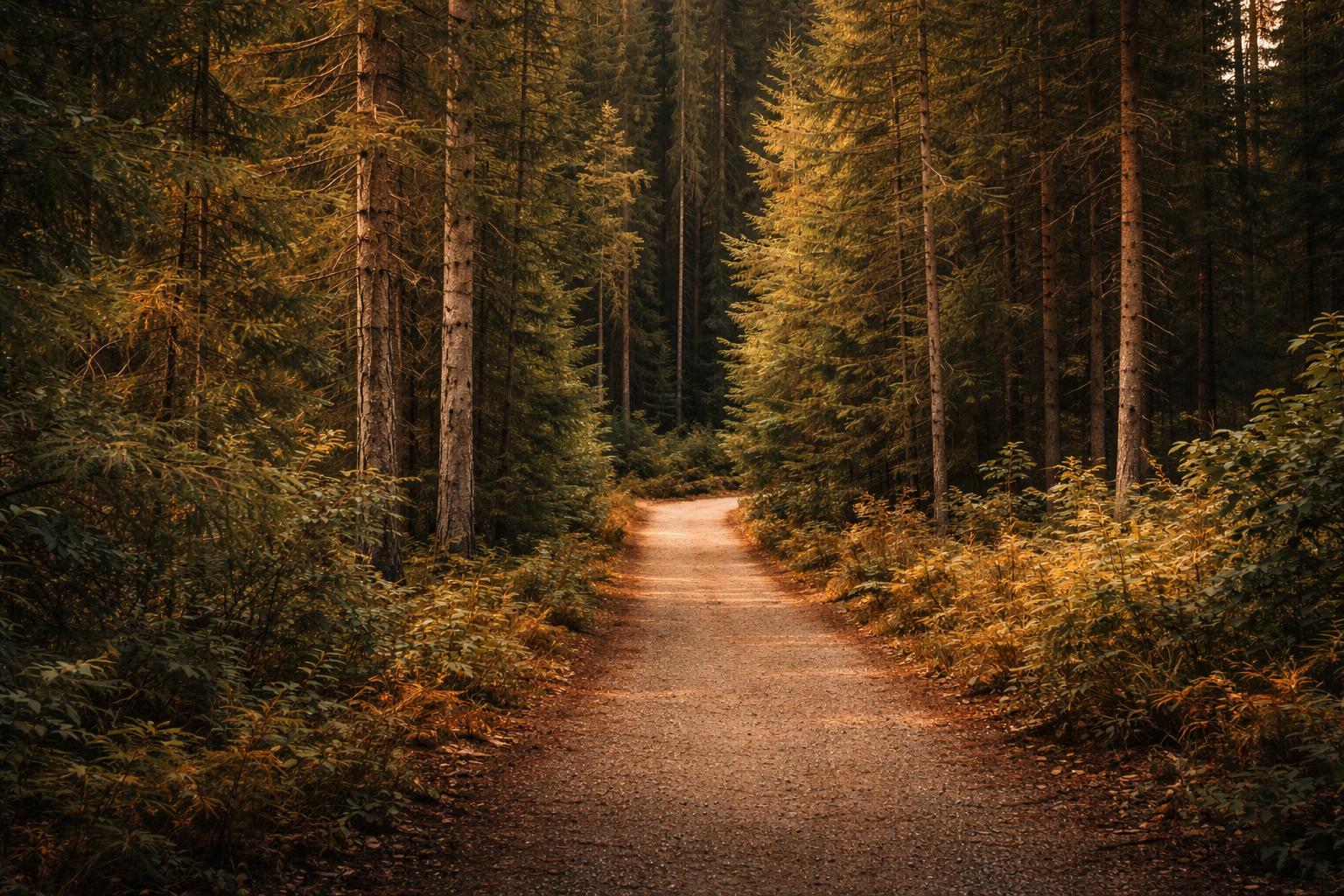 A dirt trail winding through a dense forest with tall trees and autumn foliage.