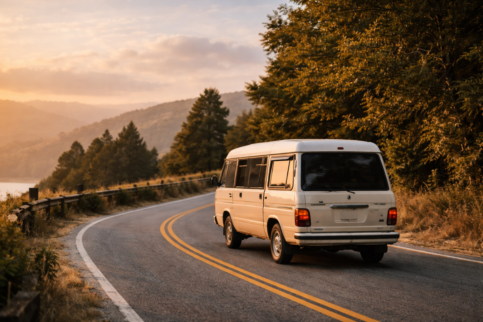 A white van driving along a winding mountain road at sunset, with trees and hills in the background.