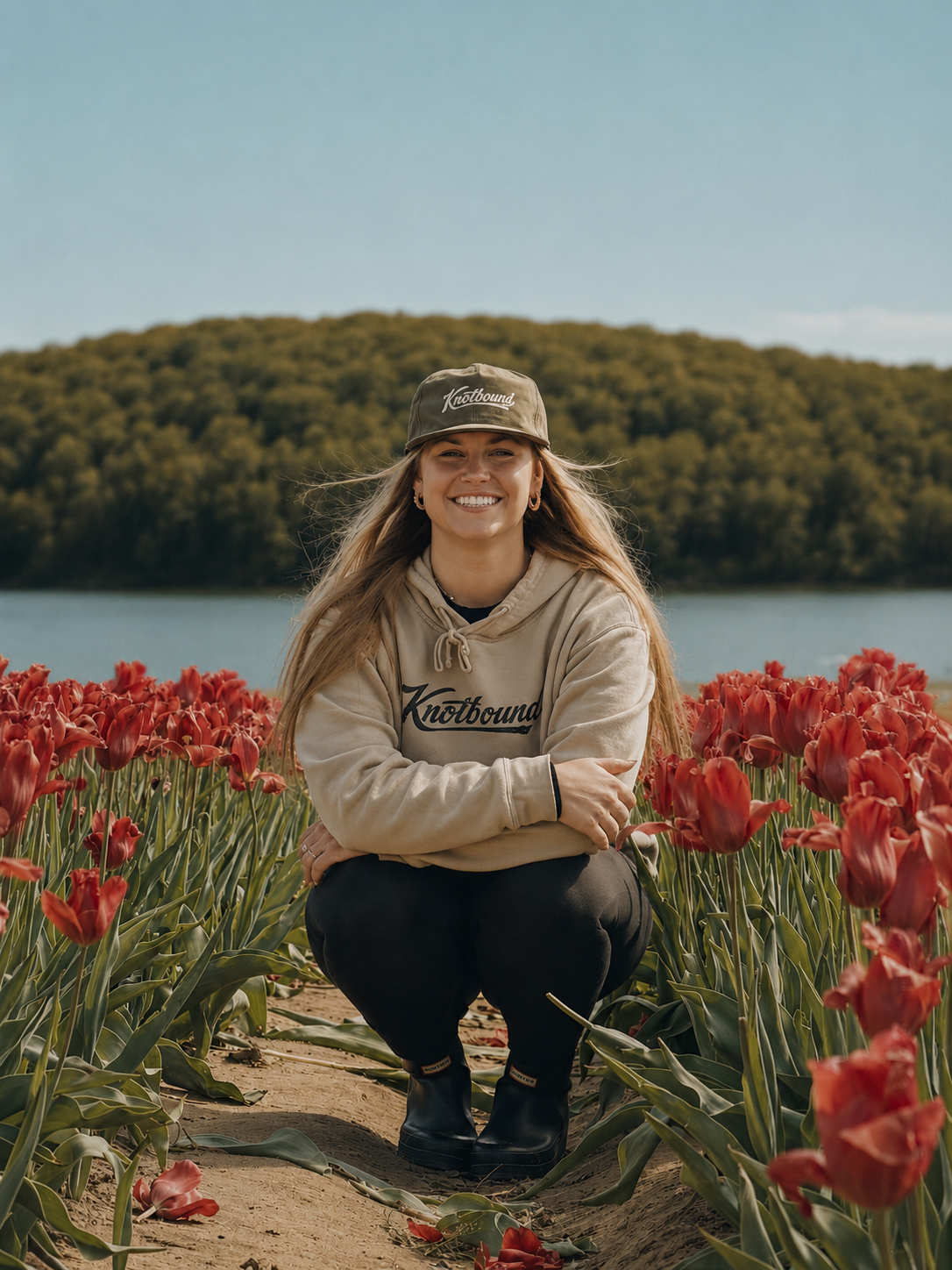 A woman squatting in a field of red tulips near a lake, smiling, wearing a beige hoodie and a cap with 'Knotbound' written on it.