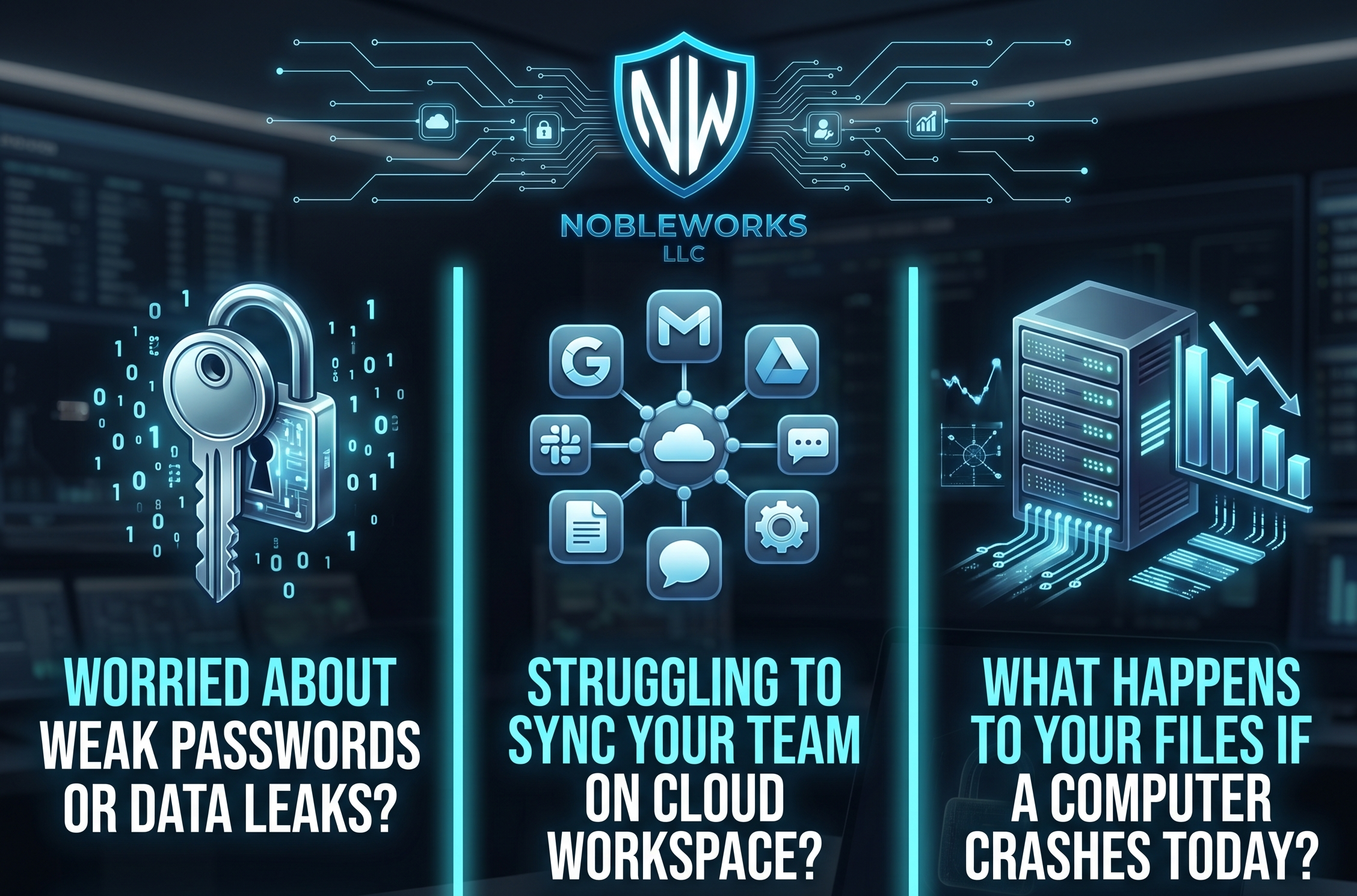 Digital illustration of cybersecurity and data protection concepts, featuring a shield with the letters 'NW', a padlock, a key with binary code, data servers, and various icons representing cloud storage, charts, and communication networks.