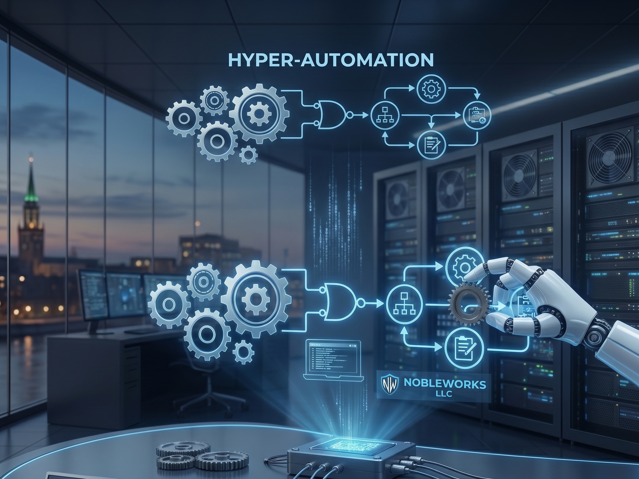 Noble Works LLC Hyper-Automation workflow diagram showing interconnected logic gears and digital processes for Fox Cities businesses, featuring the NW brand logo.