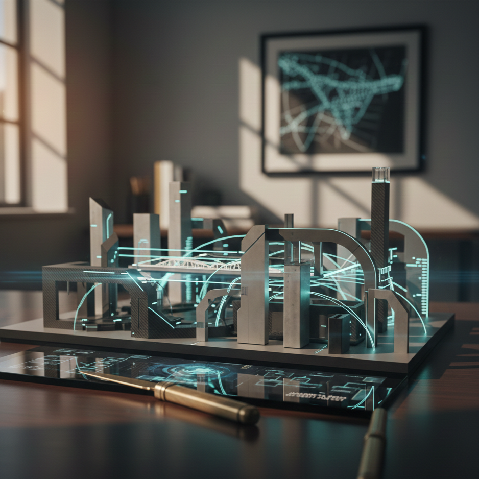 A high-tech architectural model of a city with glowing data pathways on a professional desk, symbolizing the engineering of scalable business systems and streamlined operational foundations.