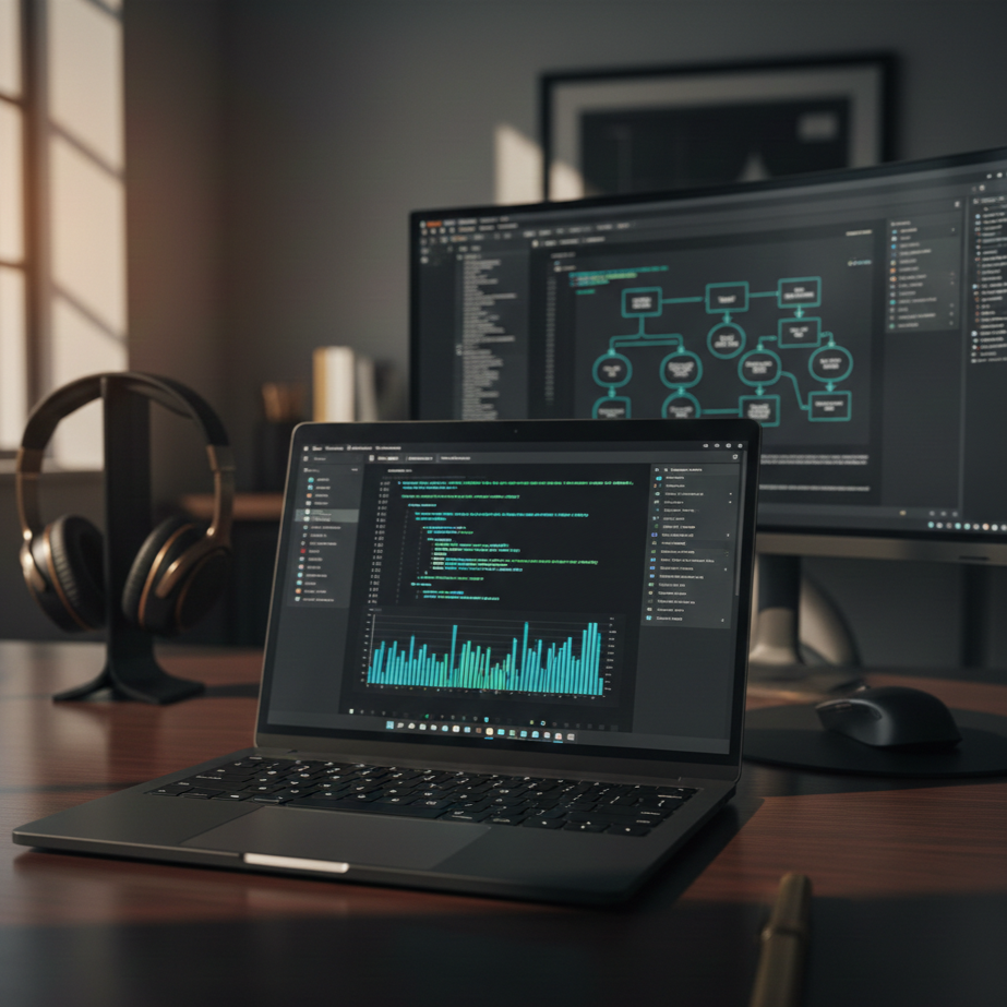 A modern high-tech workspace featuring a laptop displaying data analytics and code, with a dual-monitor setup showing system architecture diagrams, illustrating full-stack business optimization.