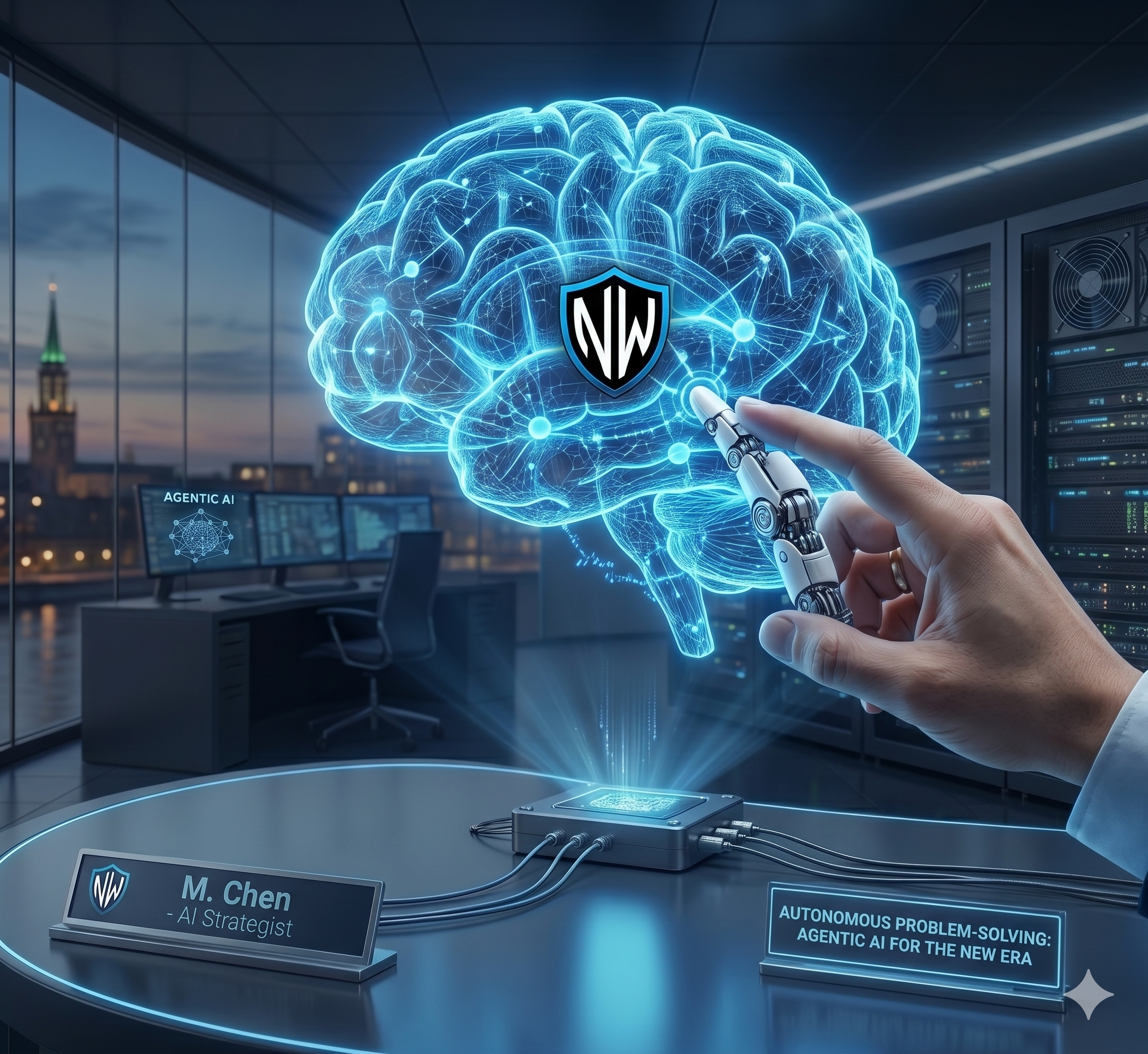 A digital hologram of a human brain with a shield logo. A robotic hand is pointing at the brain. The setting is a modern office or data center with computer servers and monitors displaying technical information. Small labels indicate a name and title, suggesting a professional environment focused on AI, cybersecurity, or technology.