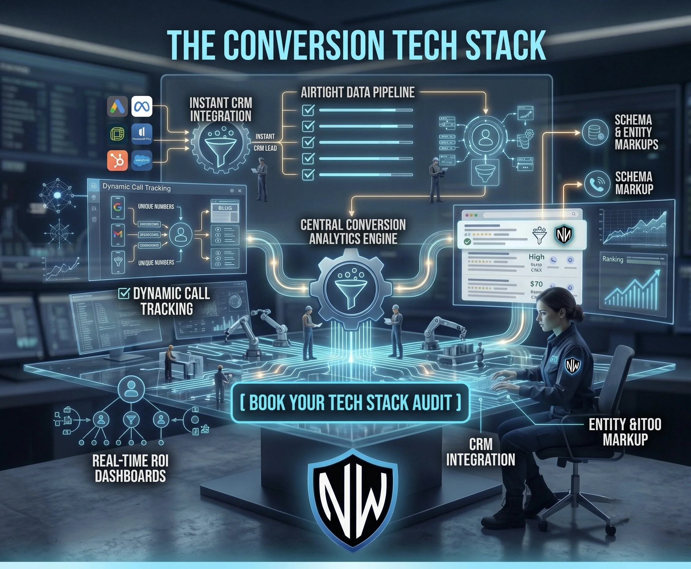 Diagram illustrating the technology stack for conversion process, with icons and labels for various tools such as CRM integration, schema markup, dashboards, and analytics, set in a futuristic digital environment.
