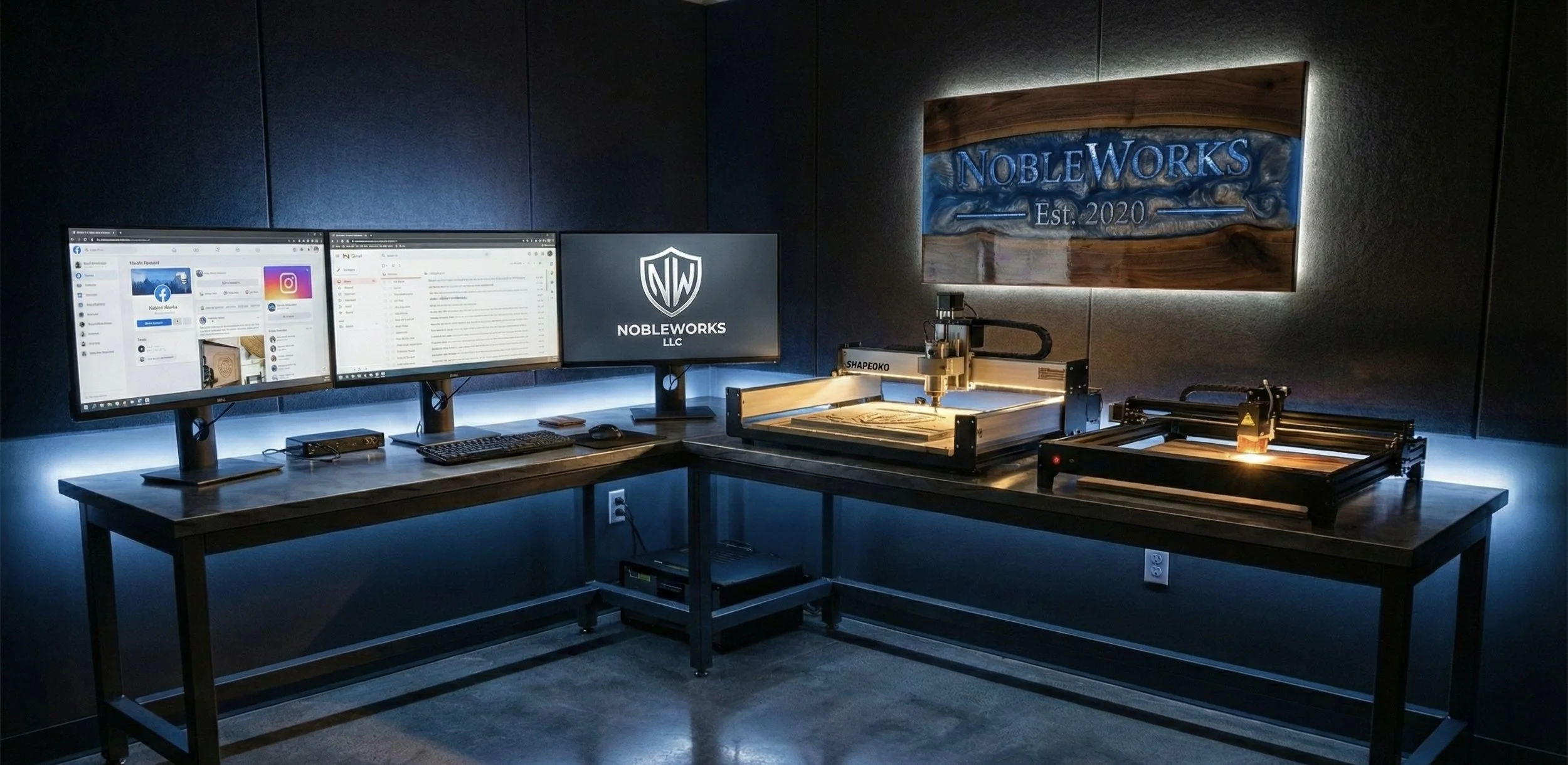 Indoor workspace featuring three monitors, a desktop setup, and two laser cutting machines on a wooden table. The monitors display social media and email, and there is a sign on the wall that reads 'NobleWorks LLC' with a logo and 'Est. 2020.'