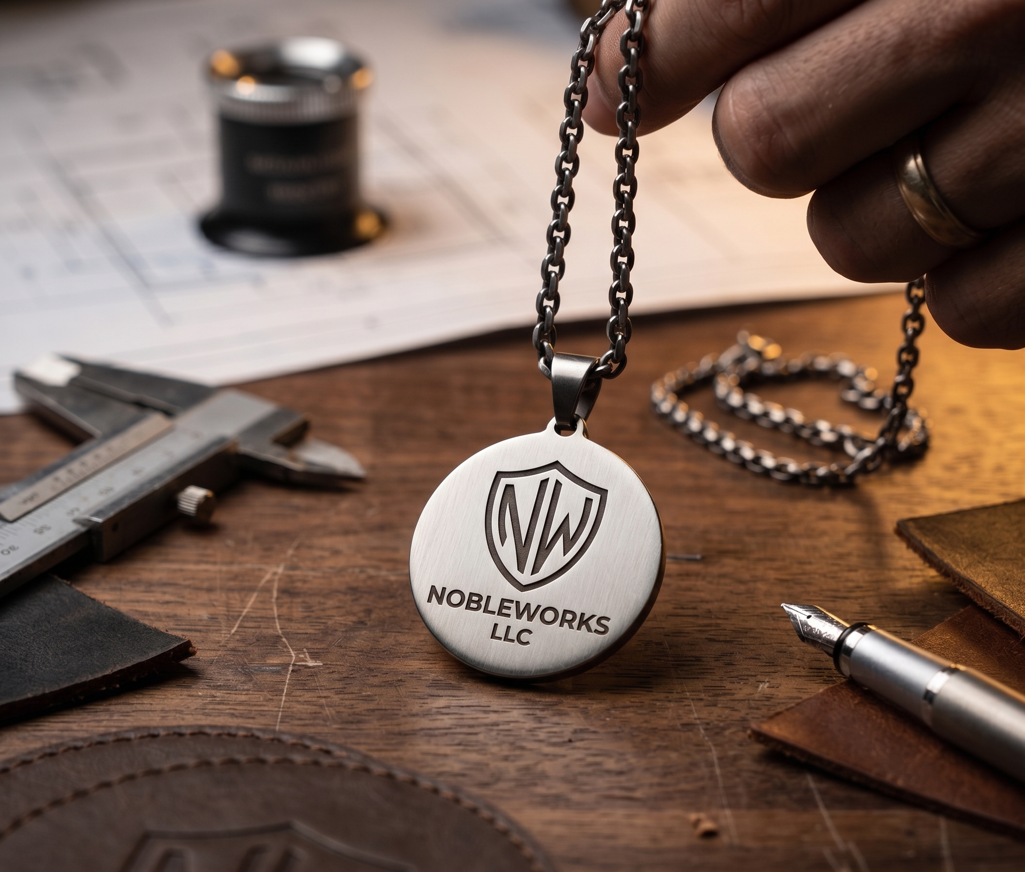 A high-precision laser-engraved stainless steel pendant featuring the NobleWorks LLC logo. Professional metal etching for custom jewelry, promotional assets, and corporate gifts in the Fox Valley.