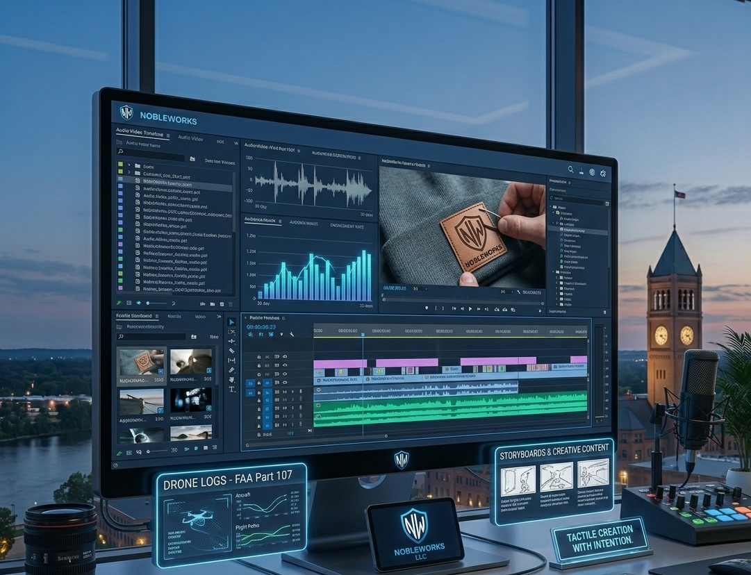 High-end content creation suite featuring video editing software, storyboard digital overlays, and a leather-patch hat project, showcasing the Noble Works brand narrative process in Appleton, WI.