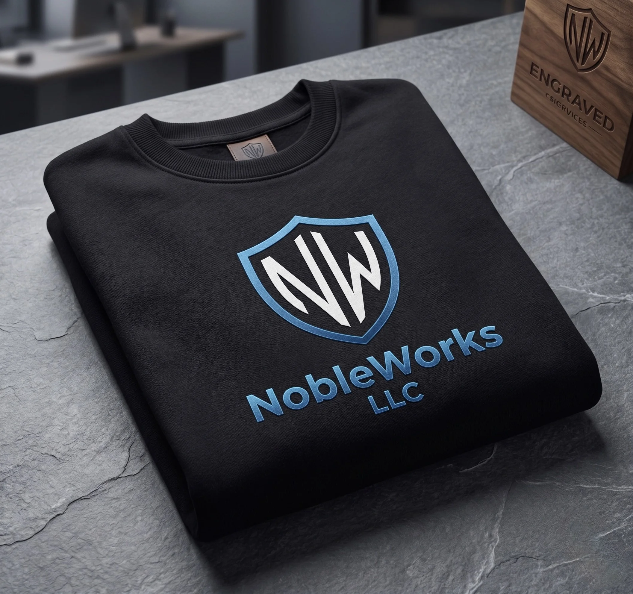 Premium custom black crewneck sweatshirt featuring the NobleWorks LLC blue shield logo; professional apparel printing and tactile brand assets in Appleton, WI.