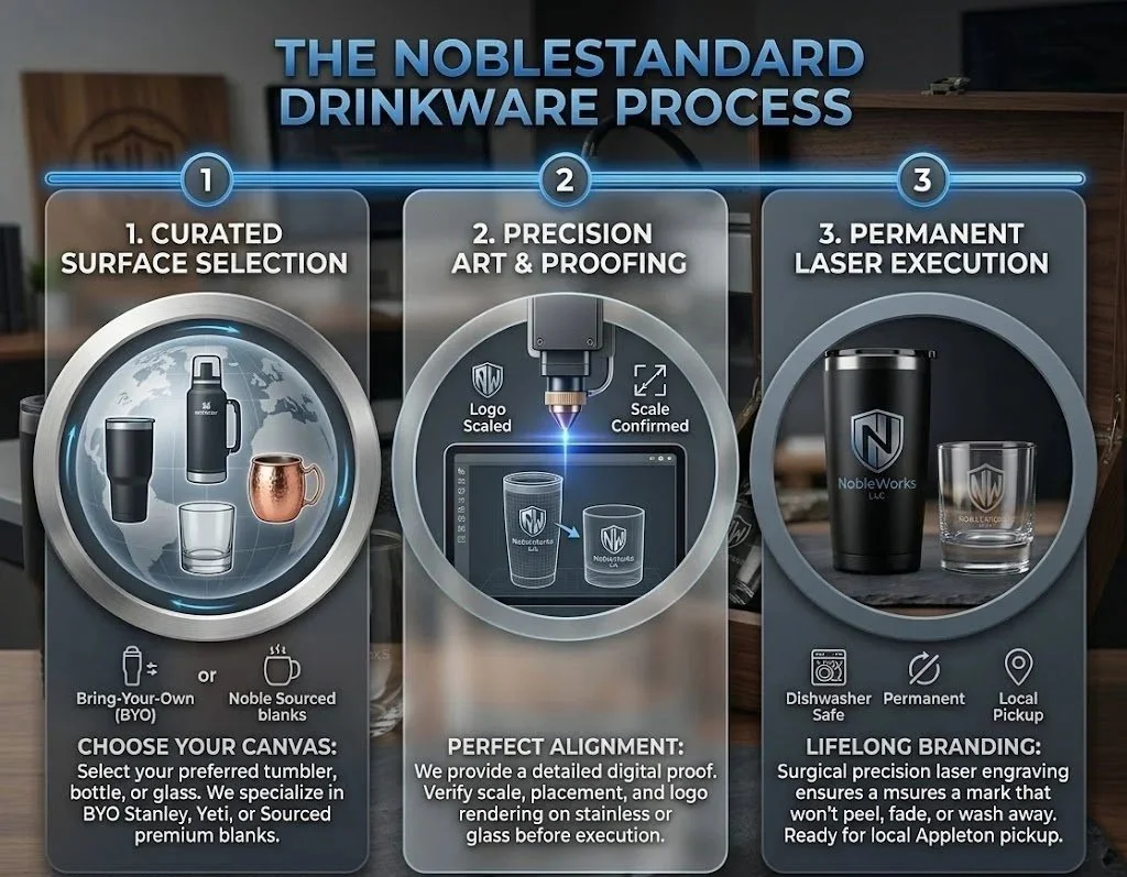 NobleWorks 3-step custom drinkware process: Curated surface selection for BYO Stanley and Yeti, precision digital proofing, and permanent laser engraving for dishwasher-safe branding in Appleton, WI.