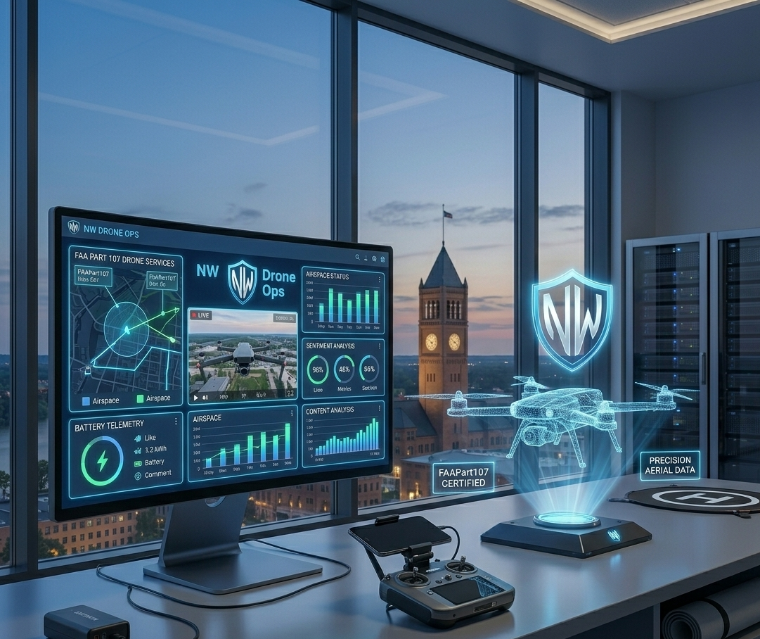 Noble Works FAA Part 107 certified drone operations desk featuring a flight telemetry dashboard, a holographic drone model, and precision aerial data overlays with the Appleton skyline.