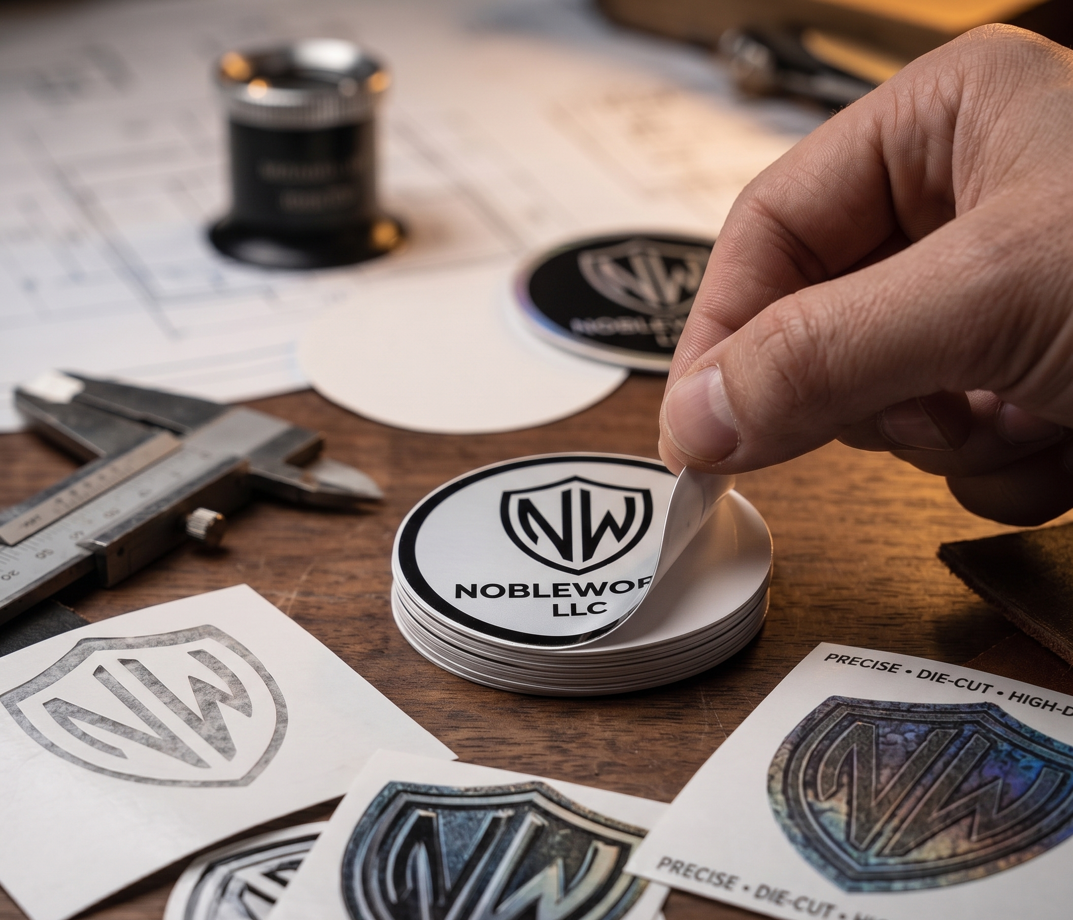 A stack of premium die-cut vinyl stickers and decals featuring the NobleWorks and Big Daddy Games logos. High-durability, weather-resistant branding solutions for vehicles and jobsite equipment in Appleton, WI.