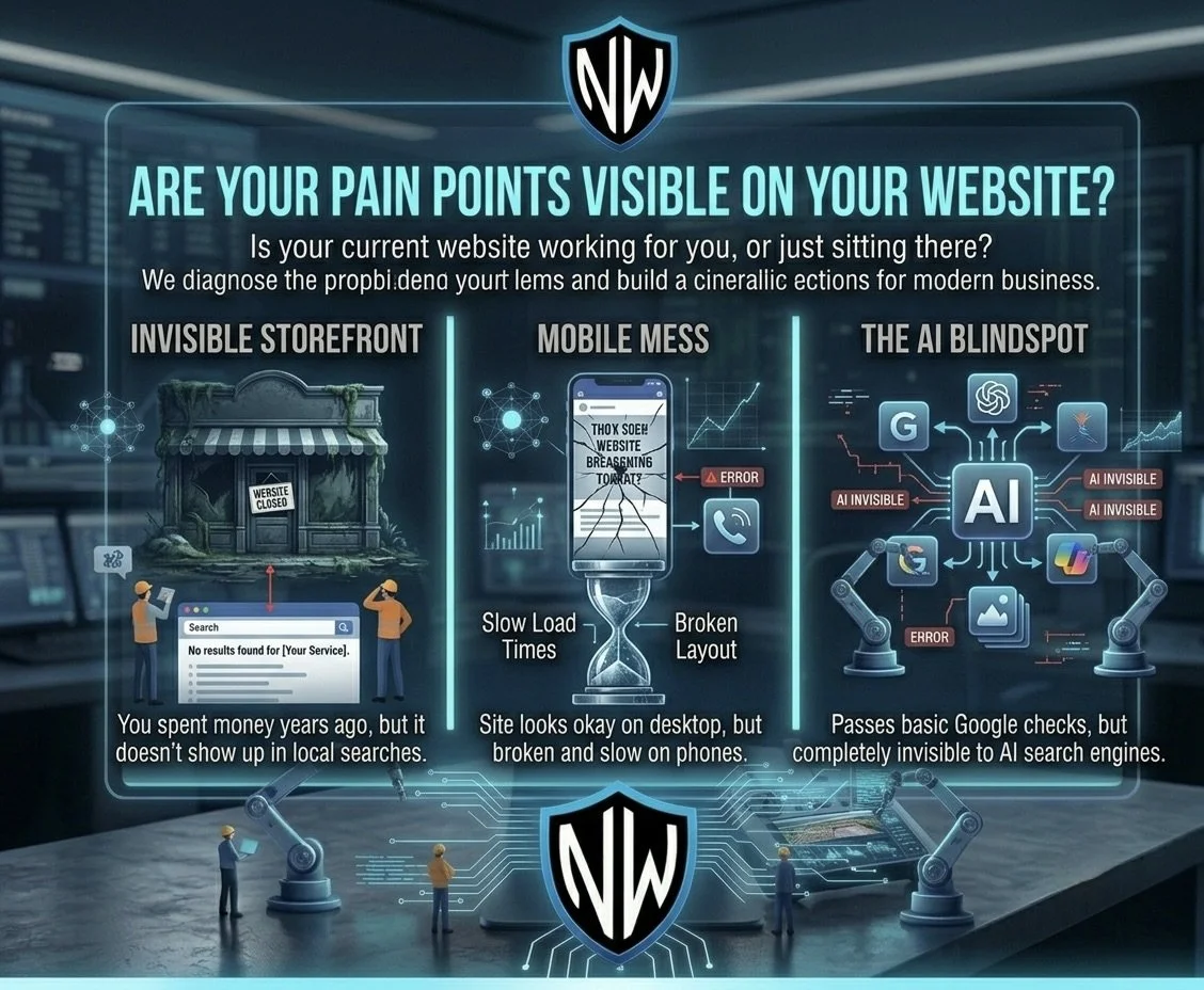 A digital infographic questioning if pain points are visible on websites, with sections on invisible storefronts, mobile issues, and AI blindspots, featuring icons and illustrations of a closed storefront, a mobile phone with error messages, and AI graphics.