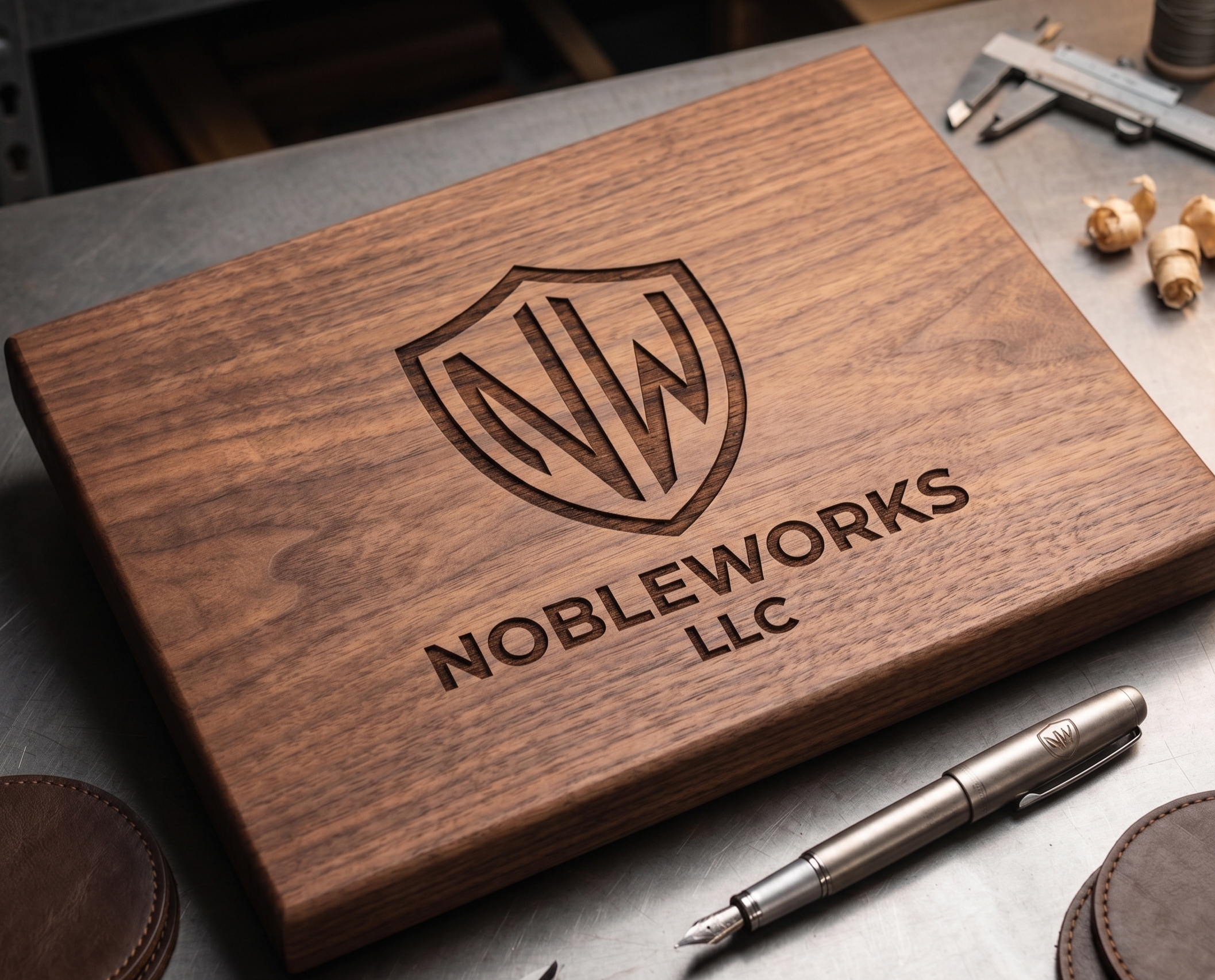 A premium, deep-etched walnut cutting board featuring the NobleWorks LLC shield logo. High-precision laser engraving on furniture-grade hardwood, perfect for corporate gifts and custom home goods in Appleton, WI.
