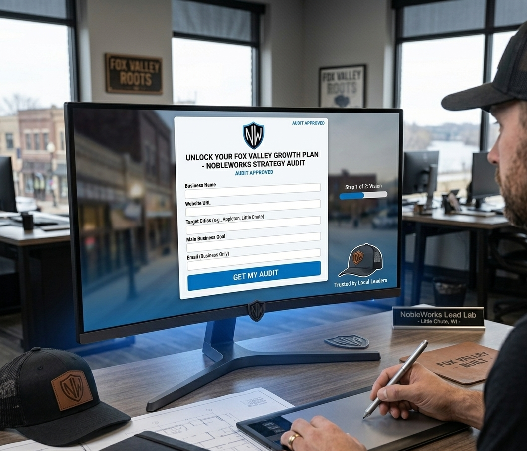 A custom lead capture form on a computer monitor titled "Unlock Your Fox Valley Growth Plan." The image features NobleWorks branded hats and desk assets, showcasing a professional lead generation and strategy audit system for local businesses.