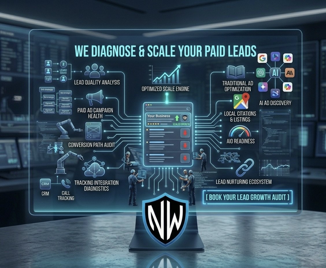 Infographic showing a digital marketing system for diagnosing and scaling paid leads, including lead quality analysis, ad campaign health, conversion audits, tracking, and AI discovery, with a central dashboard and futuristic graphics.