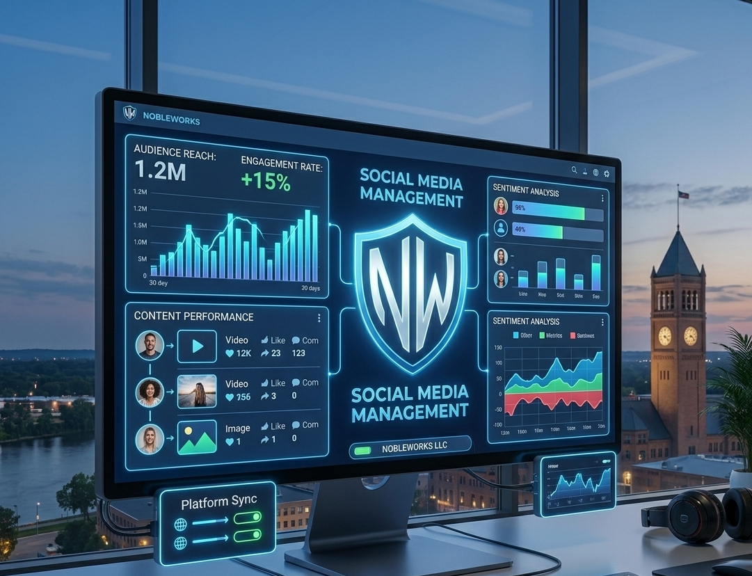 A professional social media management workstation showing audience reach and engagement analytics on a glowing monitor with the Noble Works NW logo and the Appleton clock tower in the background.
