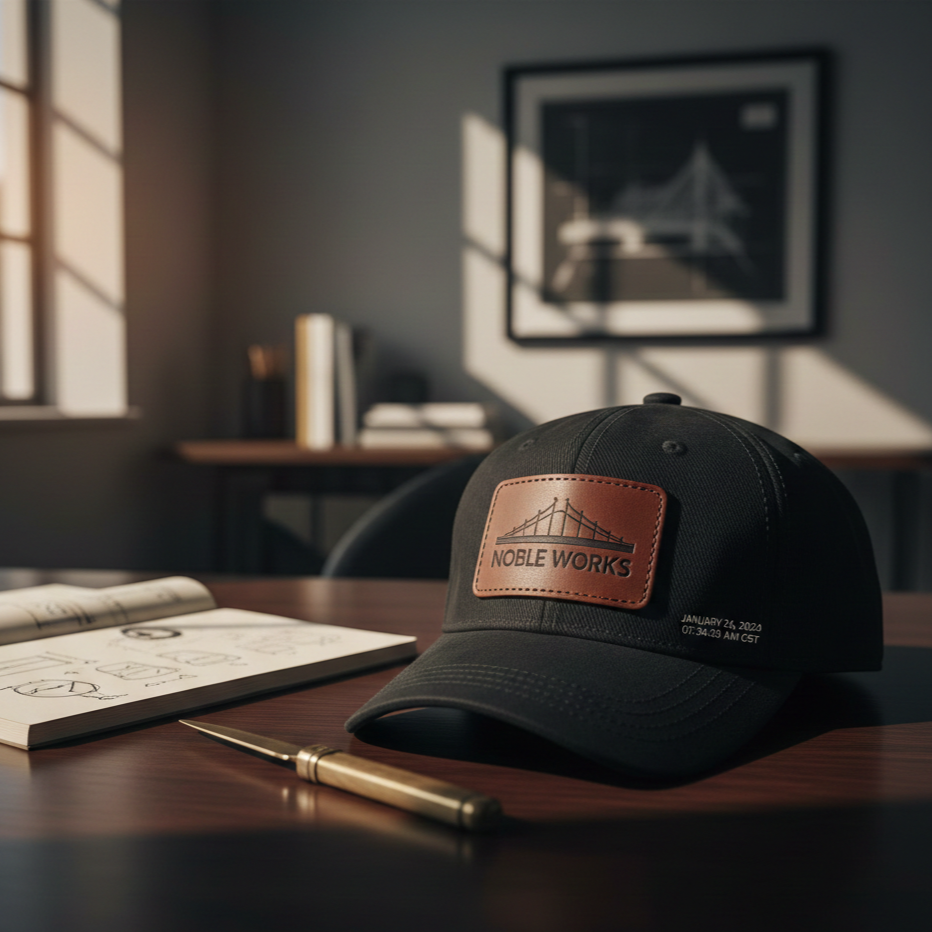 Custom black hat with a premium leather logo patch sitting on a dark wood desk next to a design sketchbook, representing tactile branding and high-end business solutions.