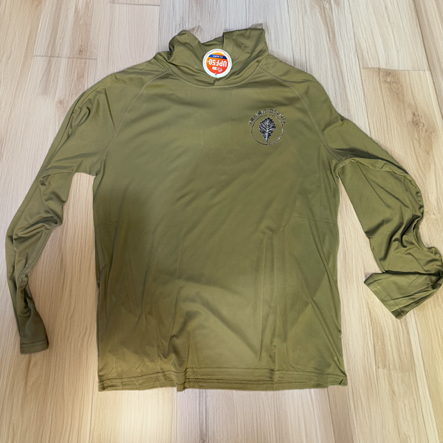 Large custom textured oak leaf emblem and typography heat-pressed onto the back center of a grey performance sun hoodie.