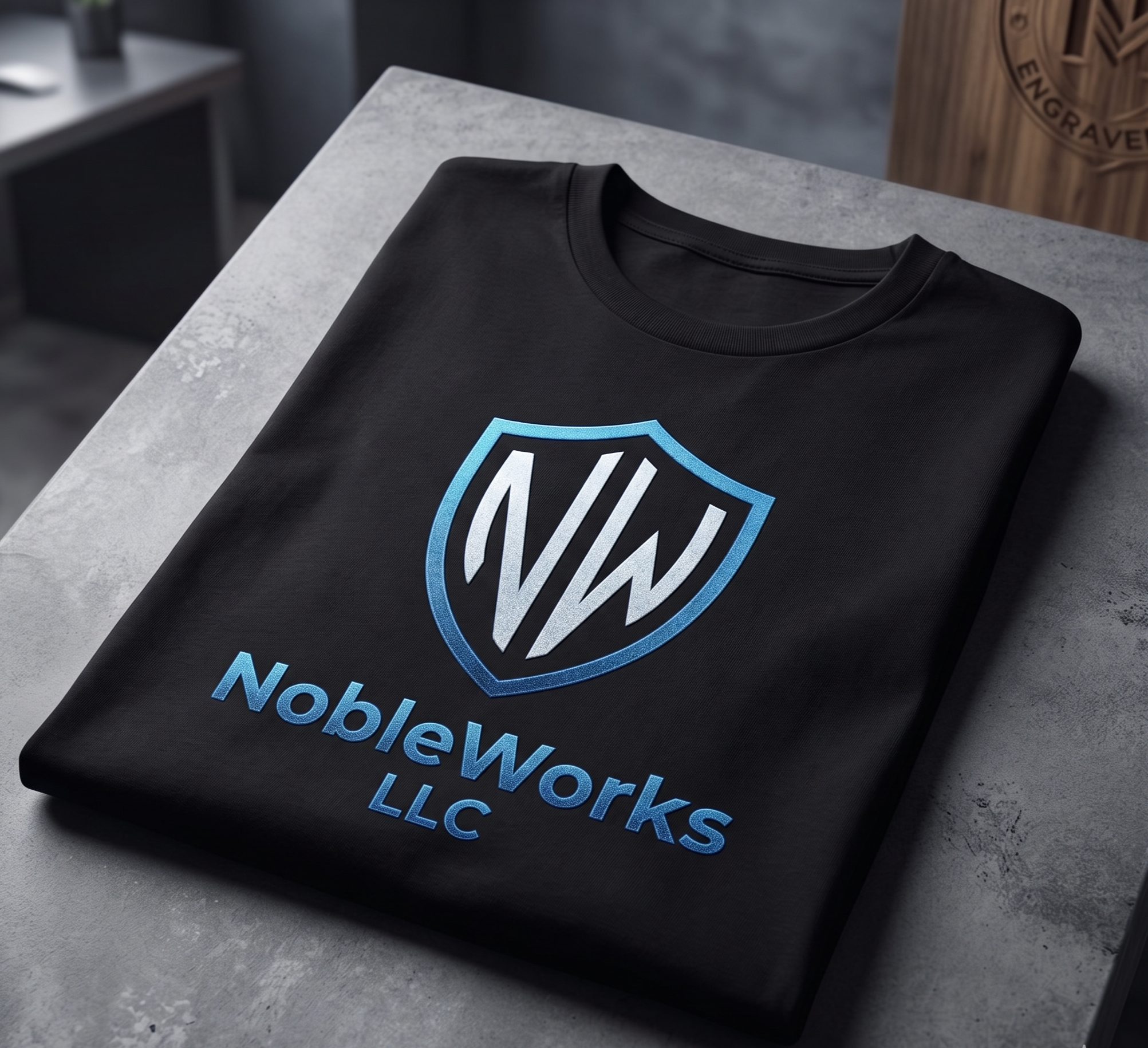 High-end black custom t-shirt featuring the NobleWorks LLC logo, premium apparel printing and brand assets in Appleton, WI.