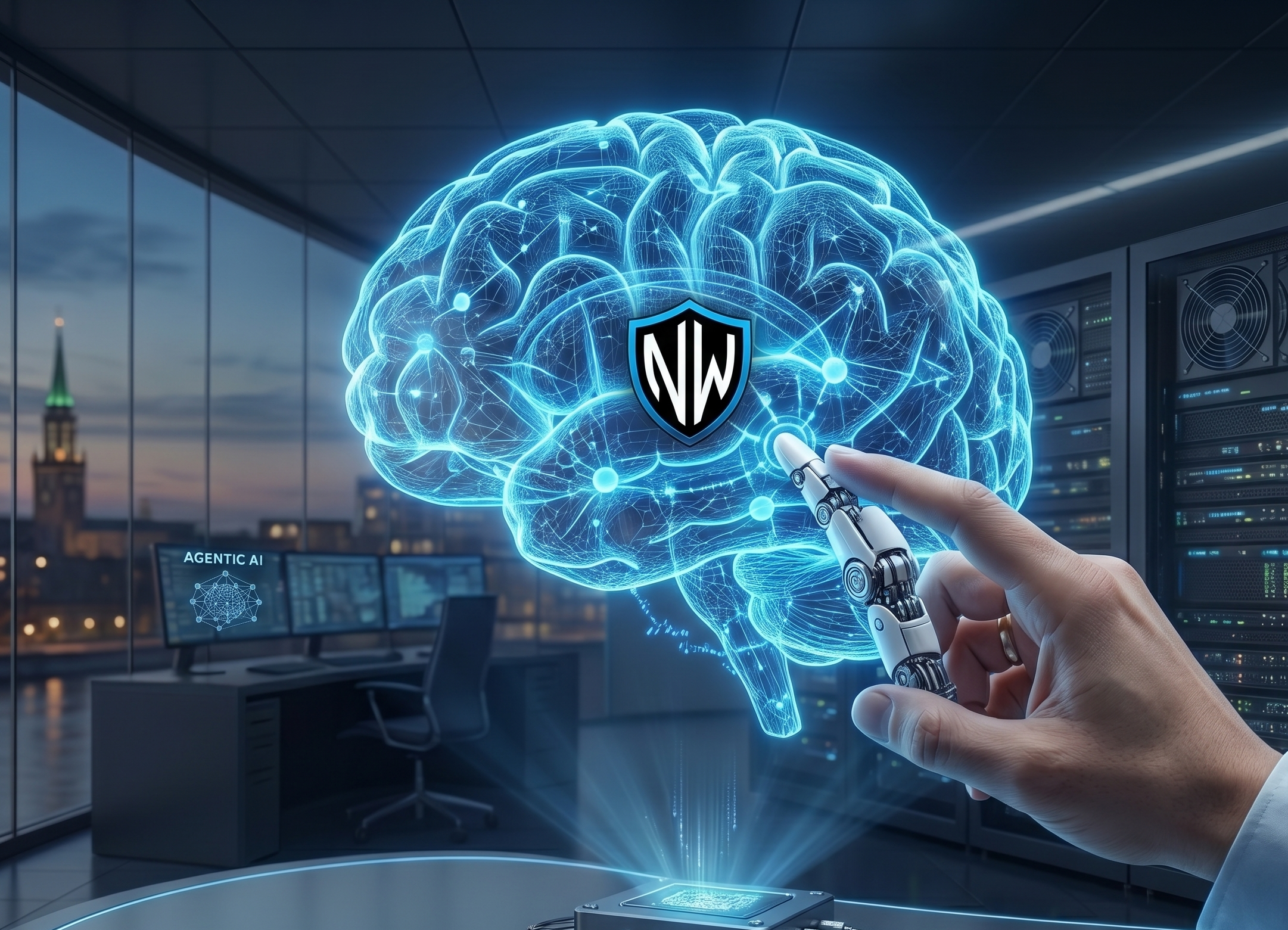 Noble Works LLC Agentic AI visual featuring a neural network brain with the NW shield logo, representing autonomous problem-solving for companies in Appleton, WI.