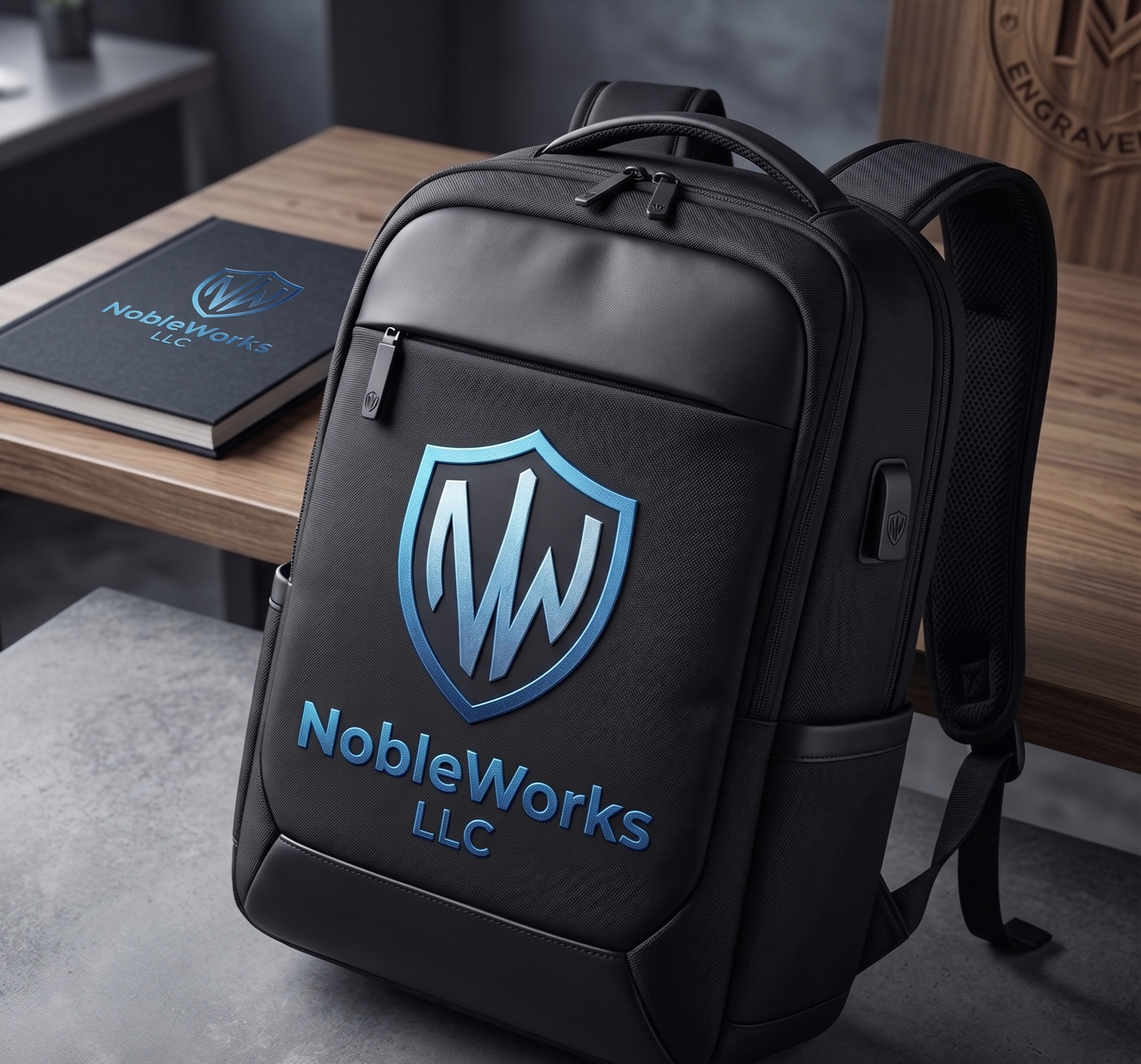 High-end custom branded commuter backpack with a technical matte finish and NobleWorks LLC logo; premium corporate gear and soft goods from Appleton, Wisconsin.