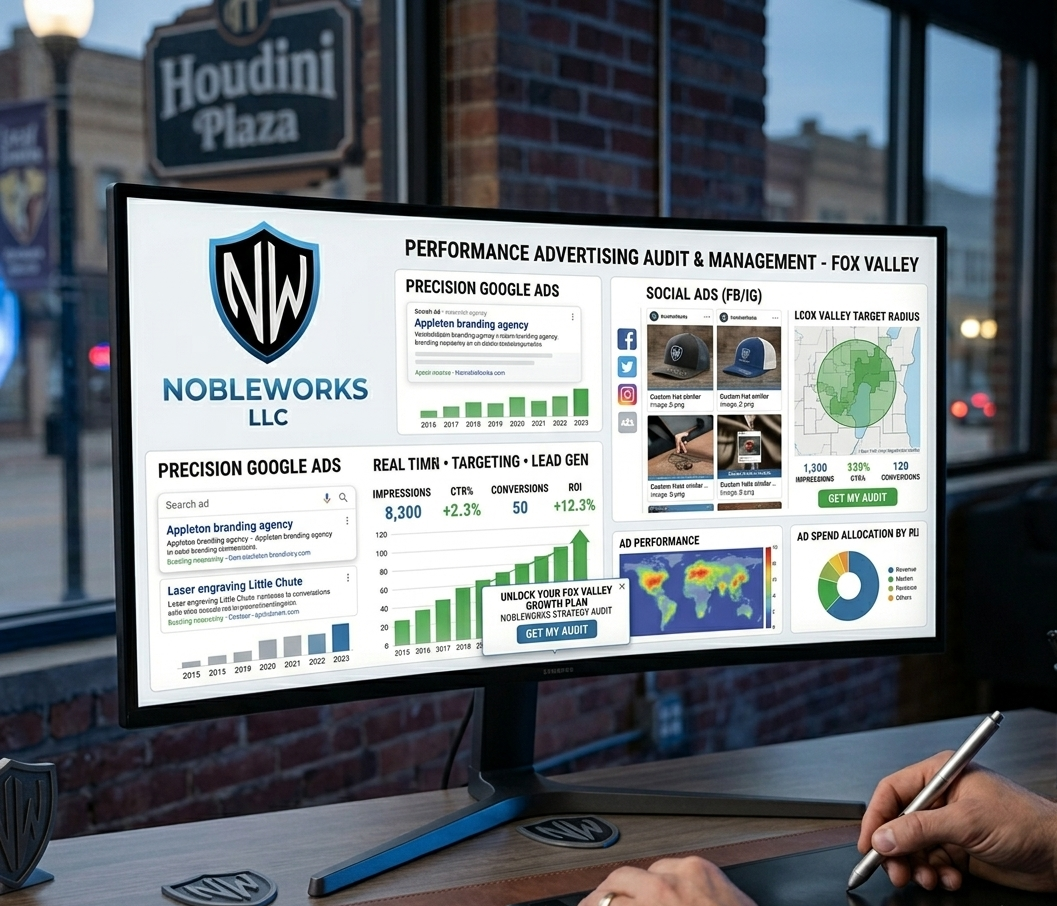 Digital monitor displaying performance advertising audit and management report for NobleWorks LLC, with charts and data on Google ads, social media ads, real-time targeting, ad performance, and budget allocation, set against a brick wall window background.