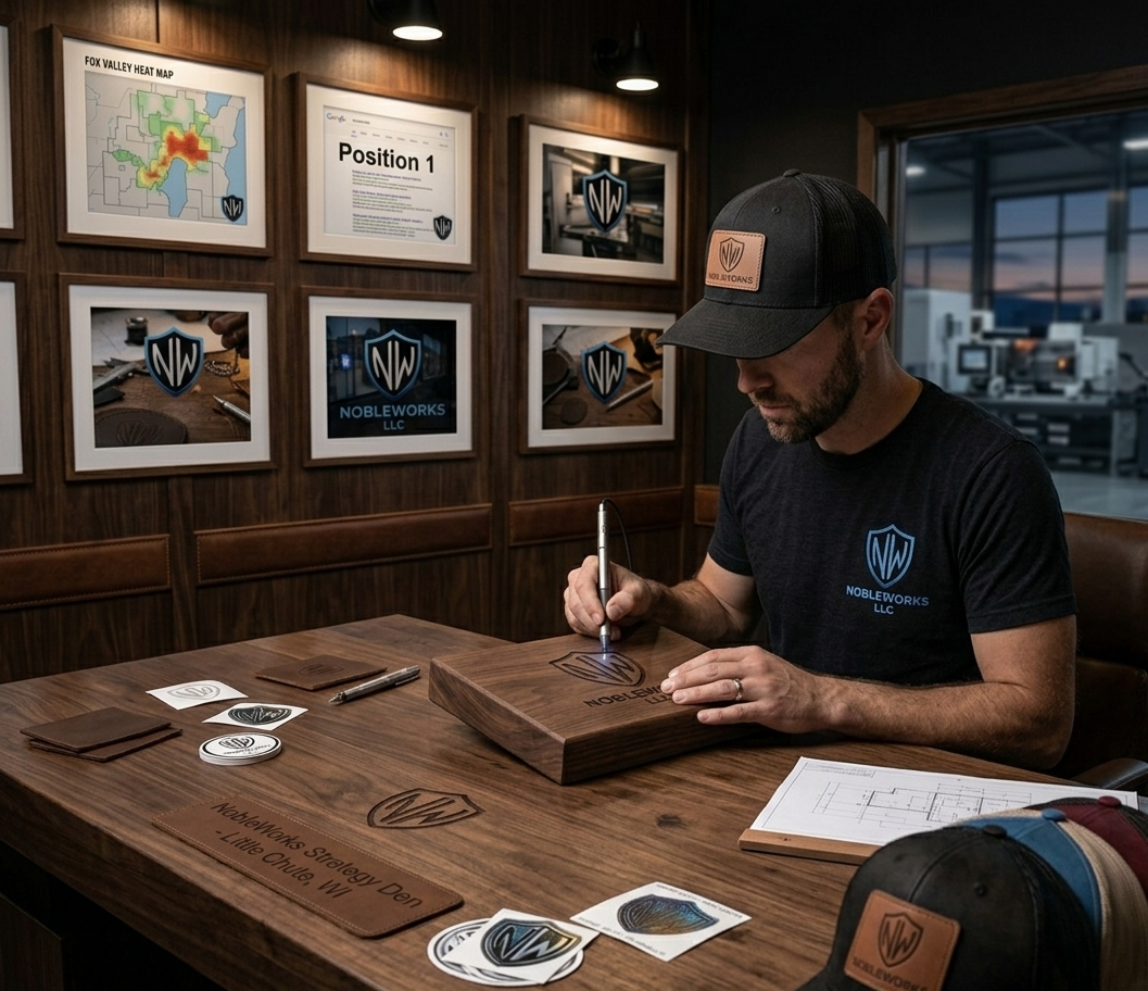 Man signing a wooden plaque with 'Nobleworks LLC' logo in an office, with framed maps and documents on the wall, and promotional items like stickers and hats on the table.