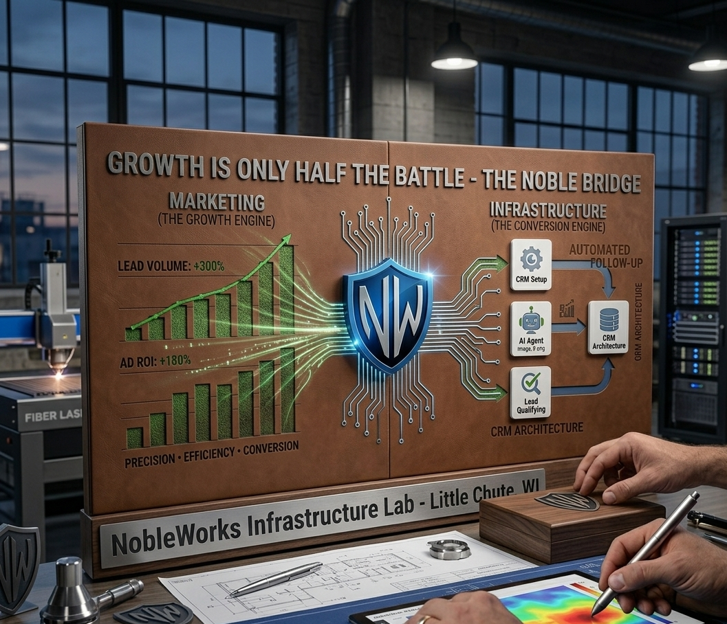 Infographic illustrating growth strategies using marketing and infrastructure, with charts, icons, and diagrams, displayed on a board at NobleWorks Infrastructure Lab.