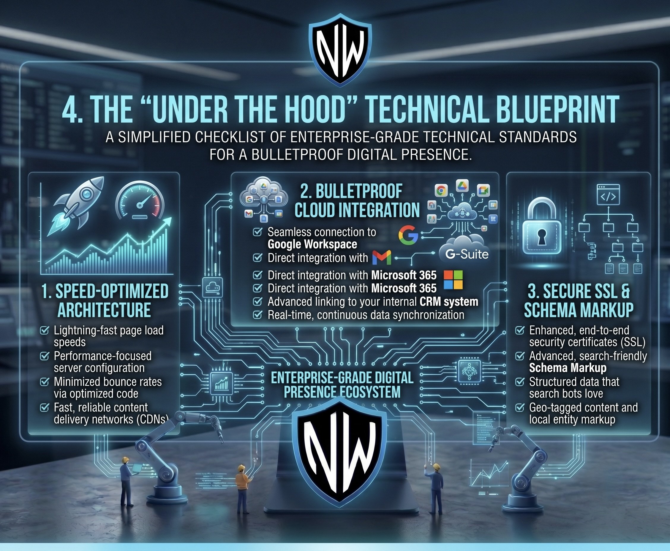 Infographic titled '4. The 'Under the Hood' Technical Blueprint' with a digital and technological theme, featuring icons of clouds, locks, graphs, and robotic arms, and small human figures working with technology.