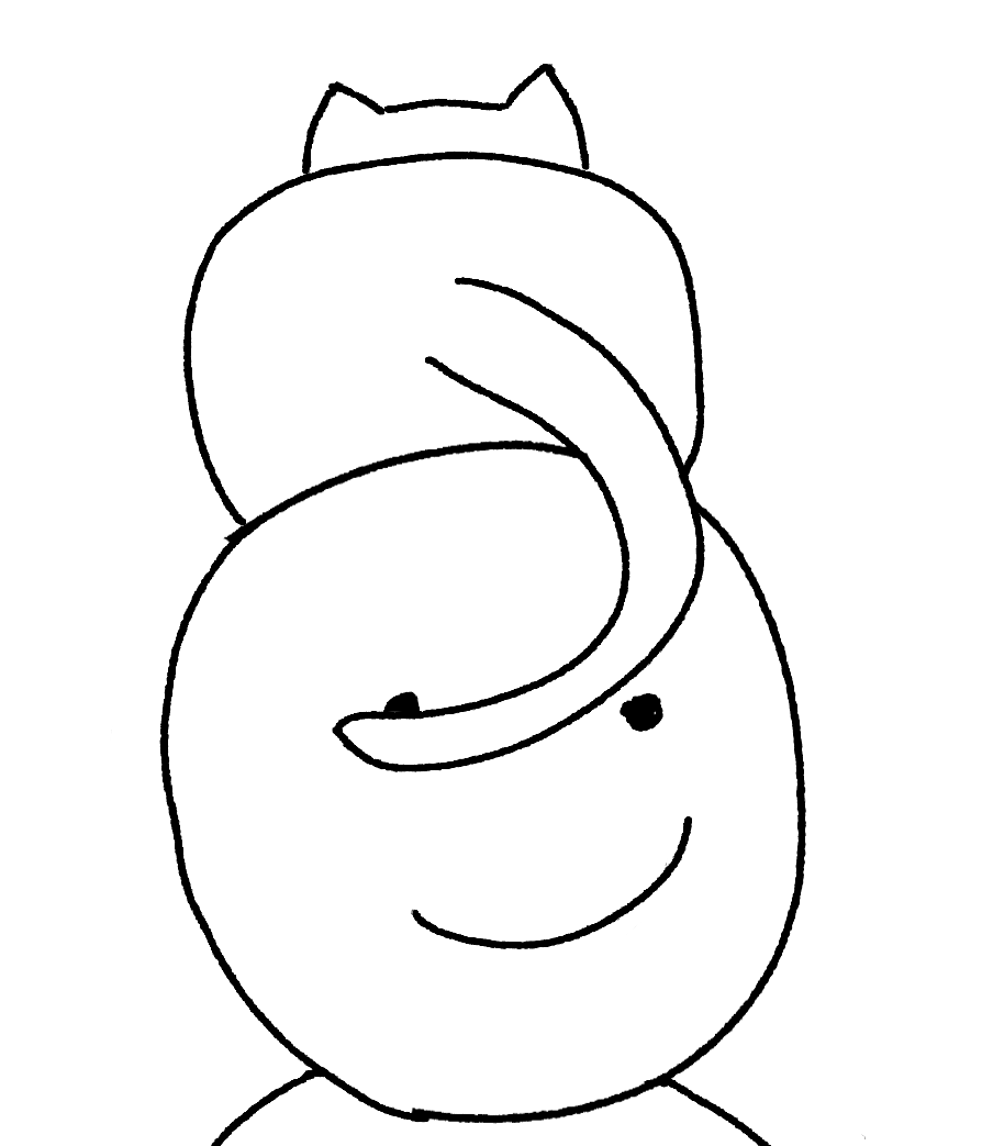 A black and white cartoon drawing of a smiling human face with a sad face inside it and a small cat sitting on top of the head.