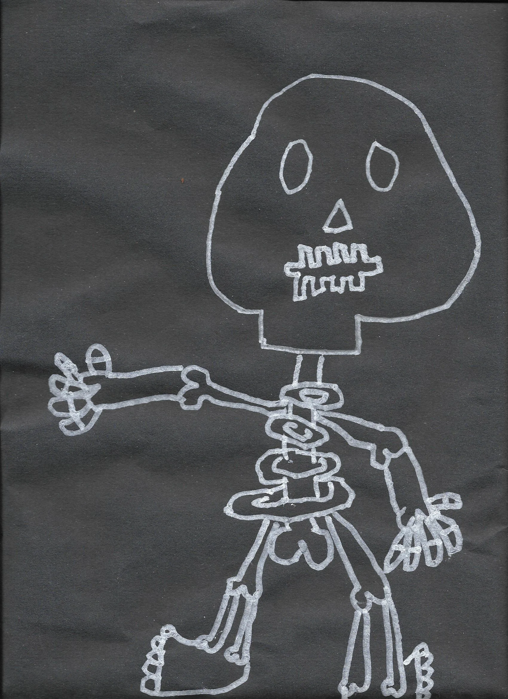 Drawing of a skeleton with a large skull, chest, and limbs, on a black background, made in chalk or white marker.