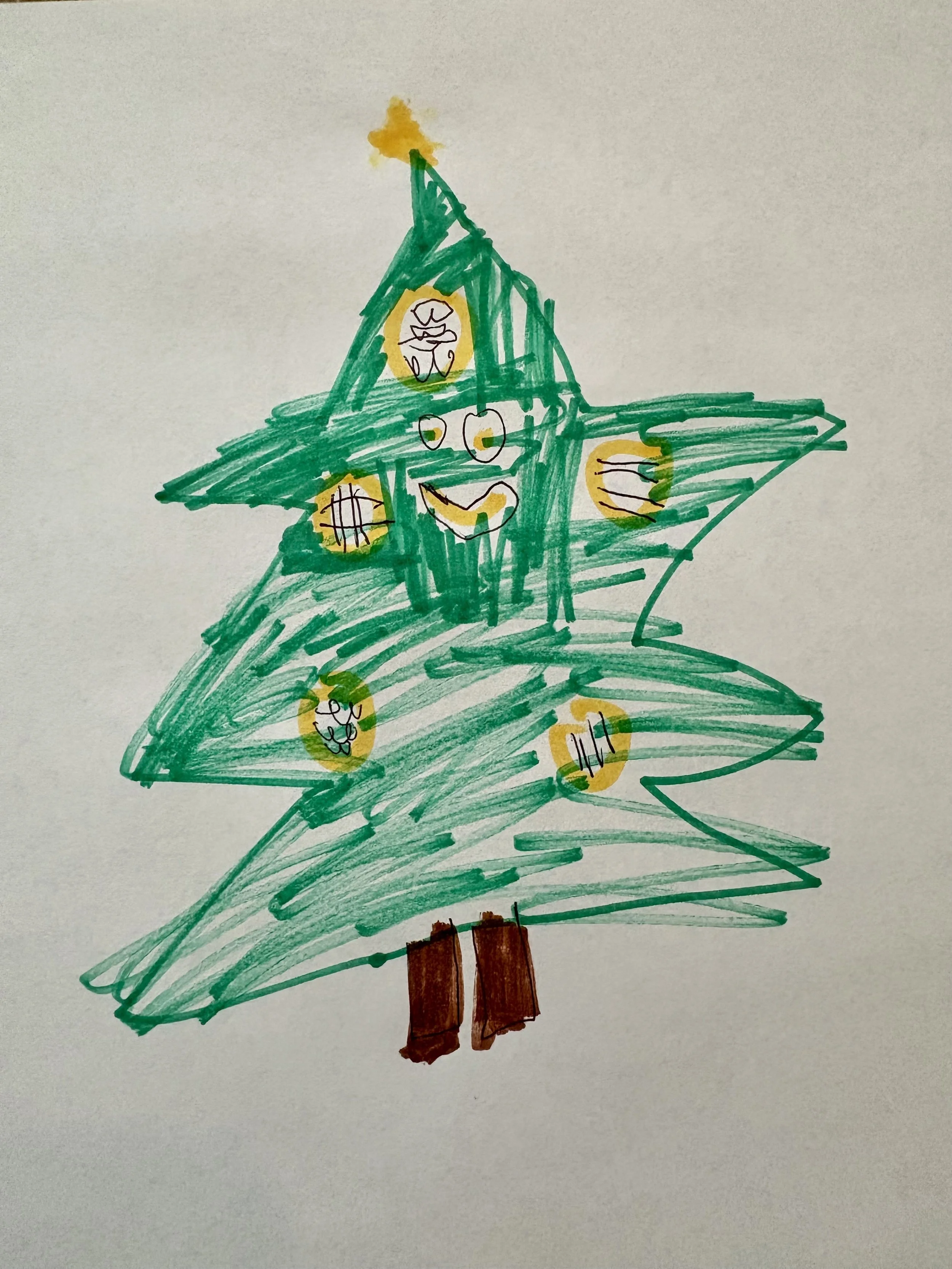 Child's drawing of a Christmas tree with ornaments, a star on top, and brown presents underneath.