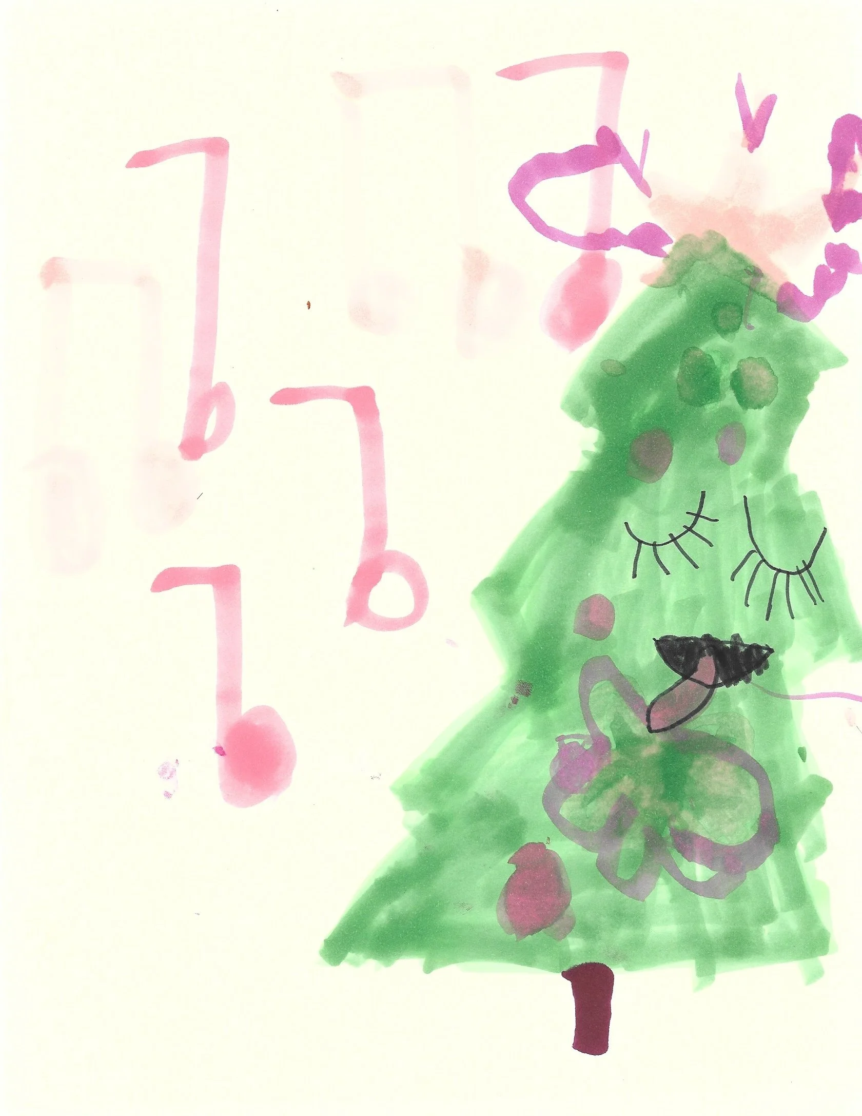 Child's drawing of a Christmas tree with pink and purple decorations, smiling face with closed eyes, and the word 'HoHo' written in pink on the left side.