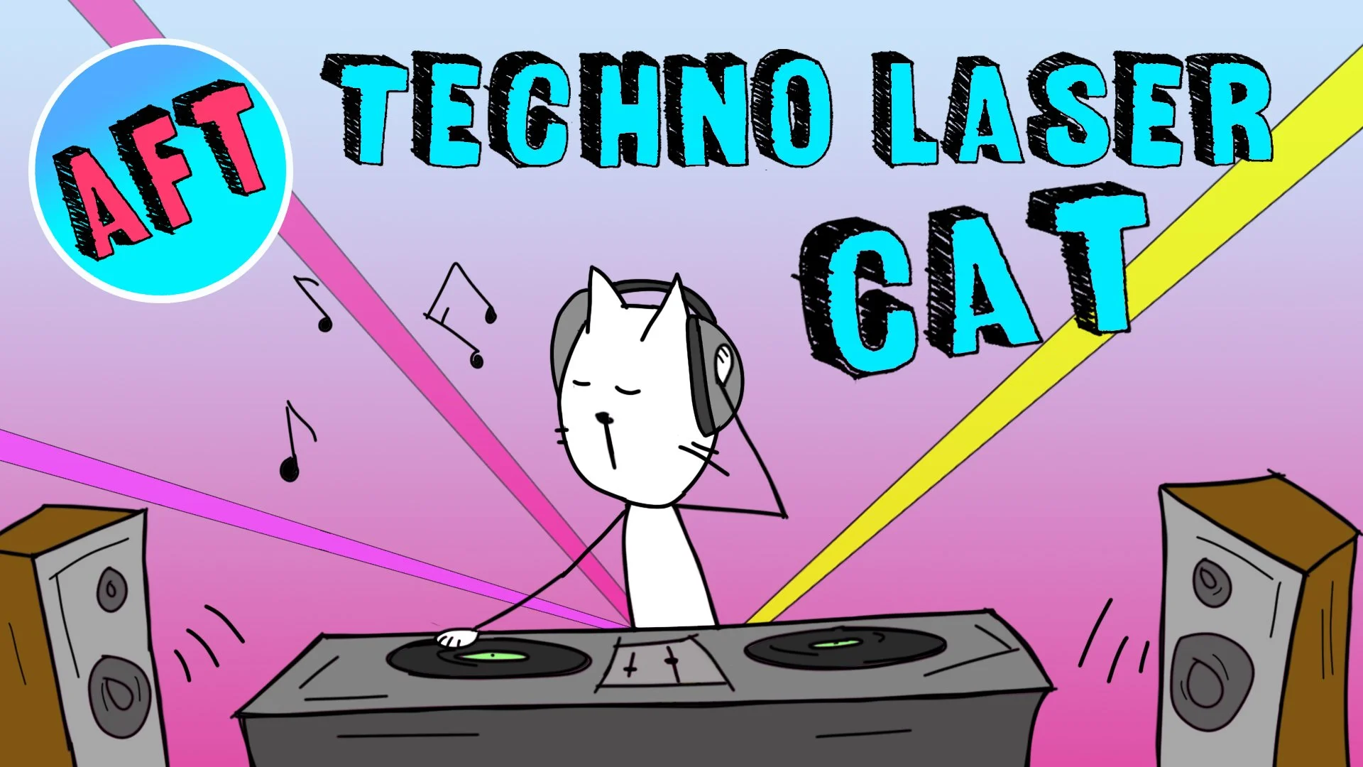 Cartoon illustration of a cat DJ with headphones, mixing music at a DJ console, surrounded by speakers and colorful laser lights, with the text 'AFT Techno Laser Cat' in bold, stylized font.