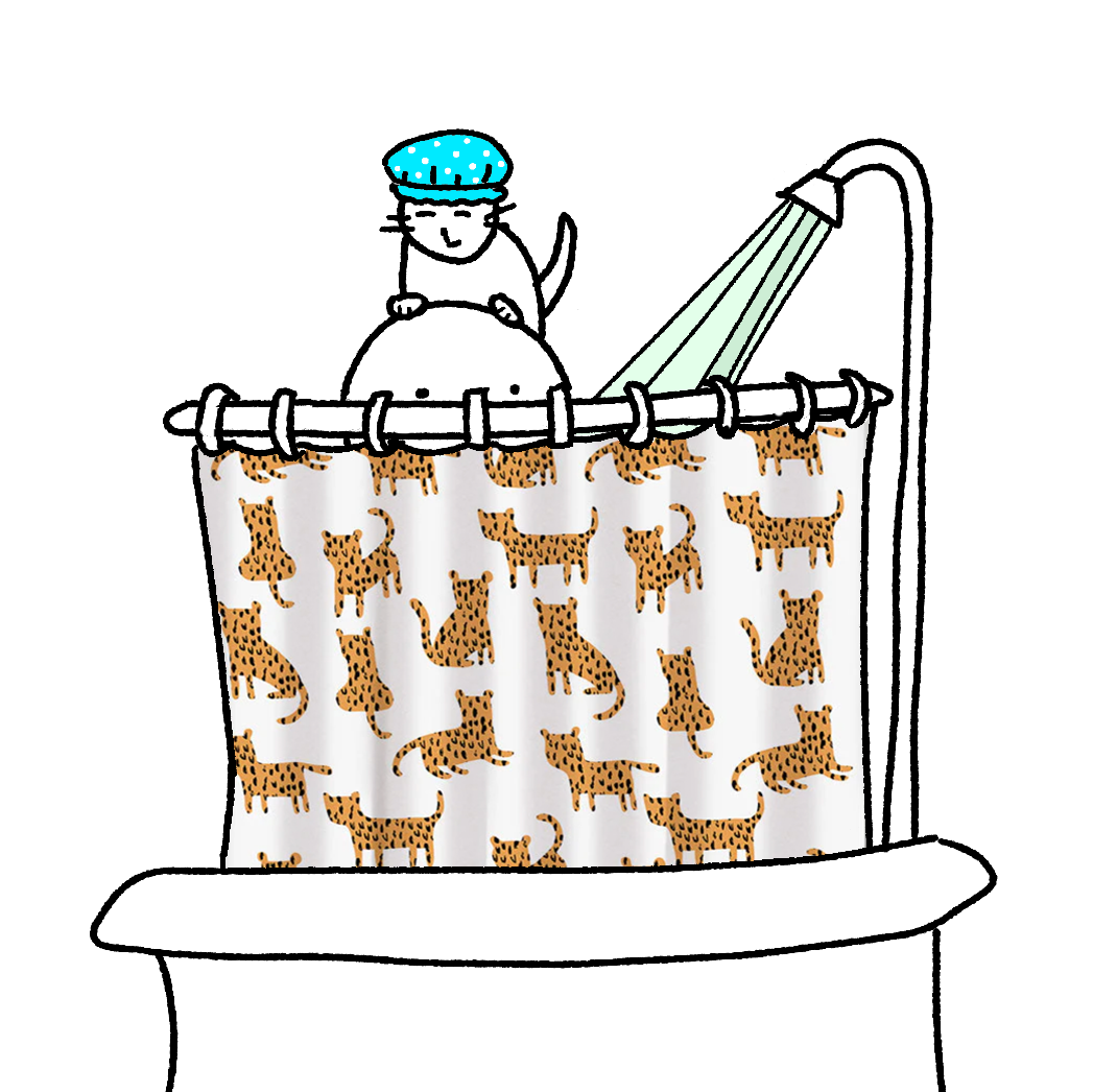 A bathtub with a shower curtain decorated with leopard print patterns, a cat wearing a blue shower cap, and a showerhead spraying water.