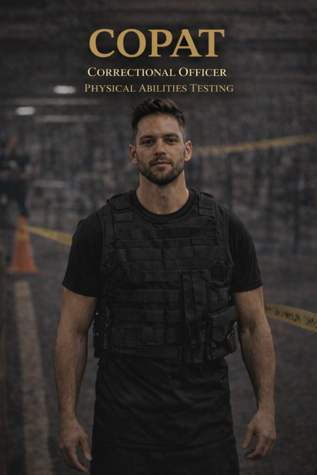 A man with short dark hair and a beard wearing a black tactical vest standing on a course with traffic cones and yellow caution tape.