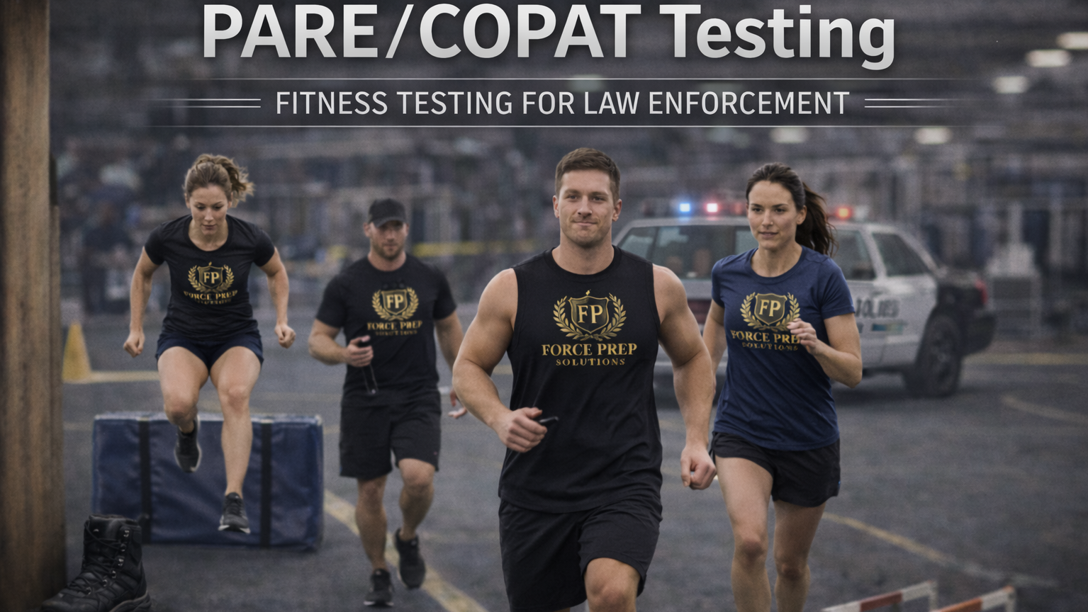 Group of four law enforcement fitness trainees running outdoors, two women and two men, wearing Force Prep Solutions shirts. One woman is jumping over a box, with police cars in the background.