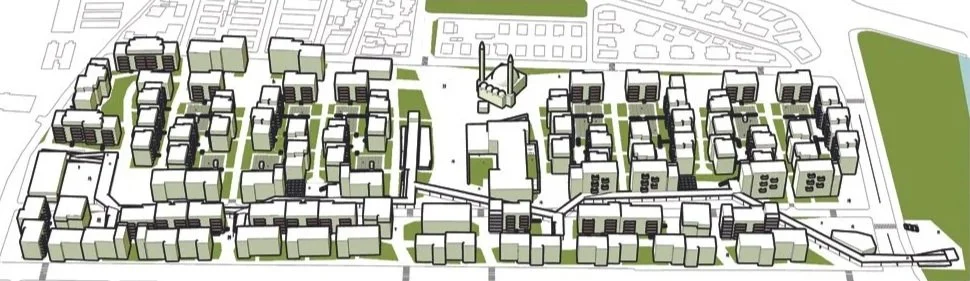 A detailed map of an urban area showing numerous residential and commercial buildings, roads, green spaces, and a church with a tall steeple, indicating a city layout.