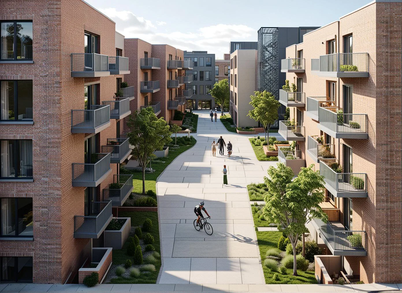 A modern apartment complex with red brick buildings and balconies, a walkway with people walking and biking, green trees, and landscaped gardens.