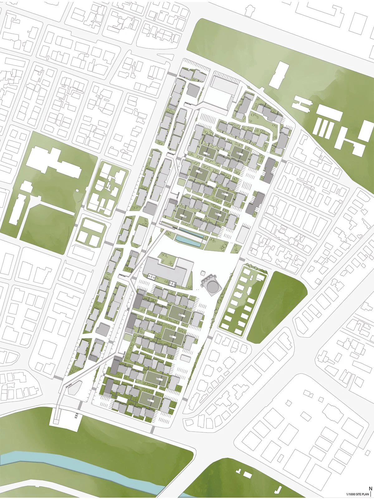 A detailed urban planning map showing a residential area with green spaces, roads, and various building layouts.