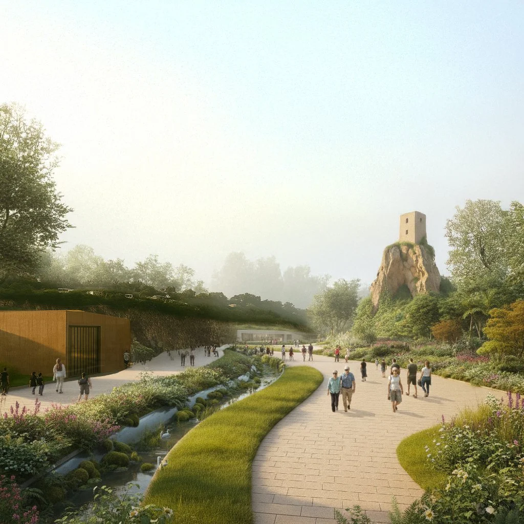 Artists rendering of a park with a winding pathway, lush greenery, a small stream, and a castle-like structure on a rocky hill in the background.