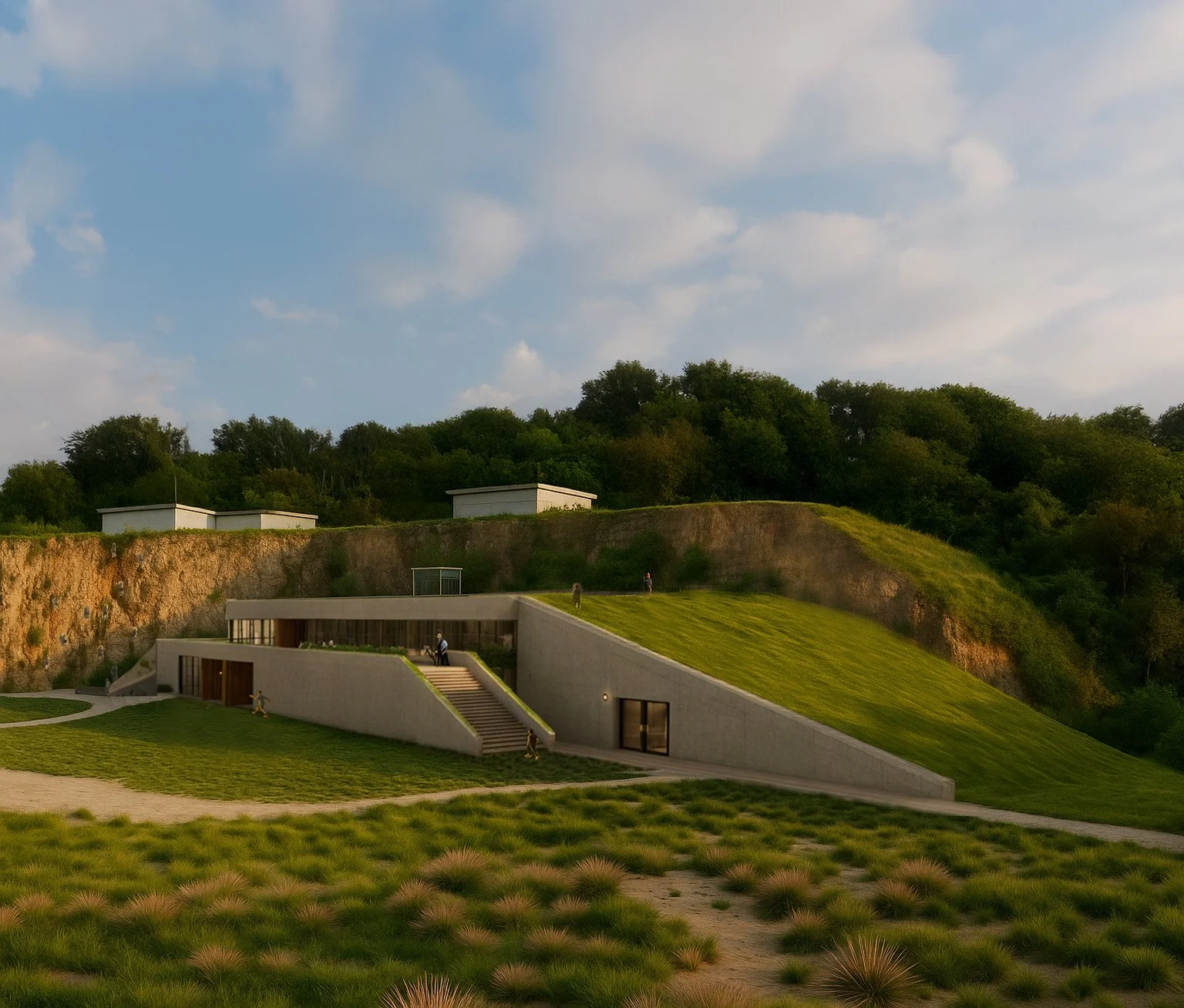 Modern building with concrete ramps and large windows, built into a grassy hillside with a rocky cliff and trees in the background, under a partly cloudy sky.
