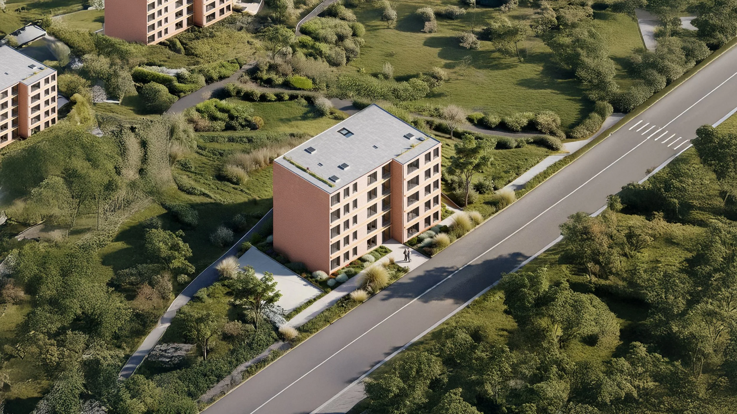 A multi-story residential building surrounded by landscaped greenery and trees, with a road running adjacent to the property.