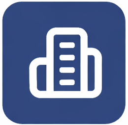 Icon of a city skyline with a central tall building, set against a dark blue background.