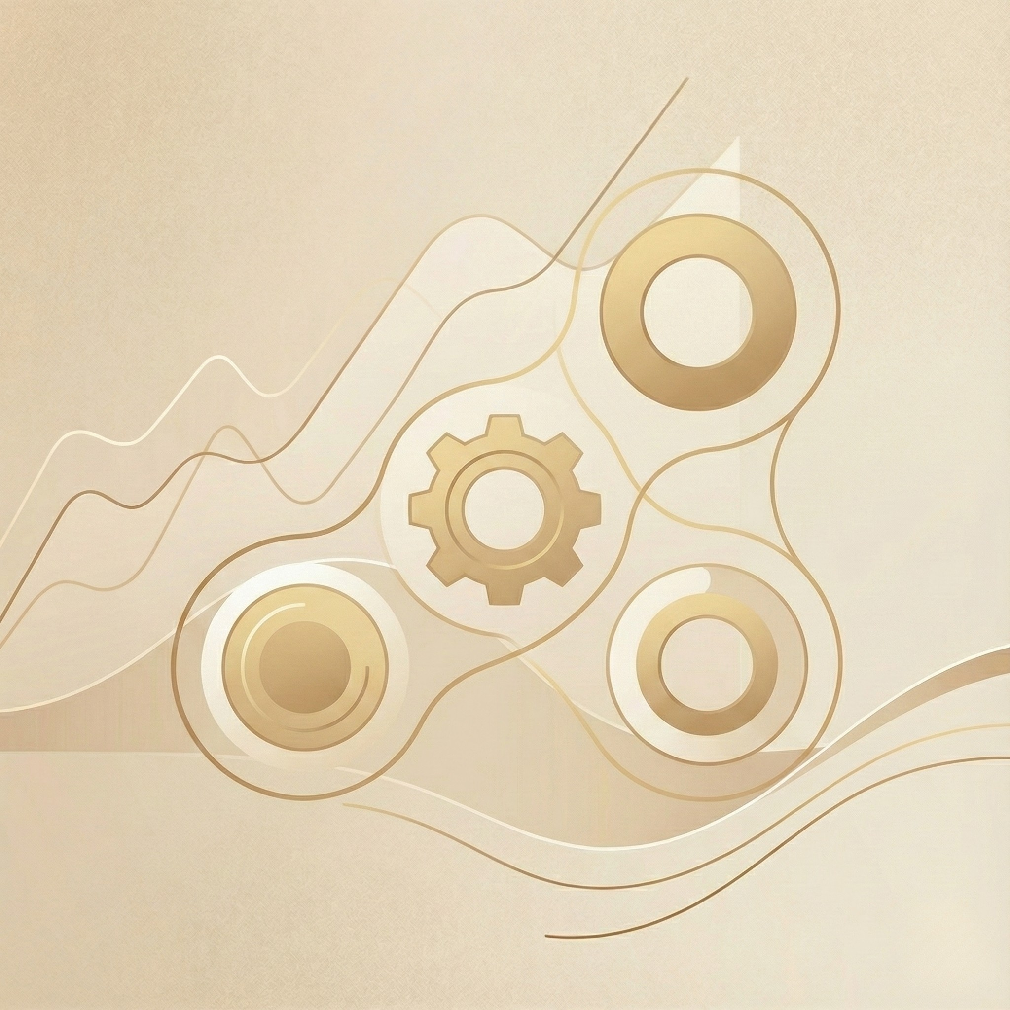 Ilustración abstracta con engranajes, líneas y gráficos de tendencia en tonos dorados.