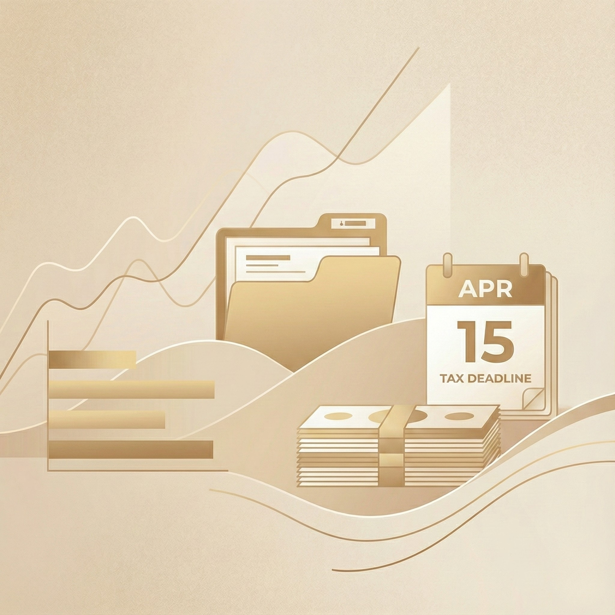 Ilustración en tonos beige y dorado que muestra gráficos de barras, un folder con documentos, un calendario con fecha 15 de abril y la leyenda 'Tax Deadline', y un montón de dinero en efectivo.