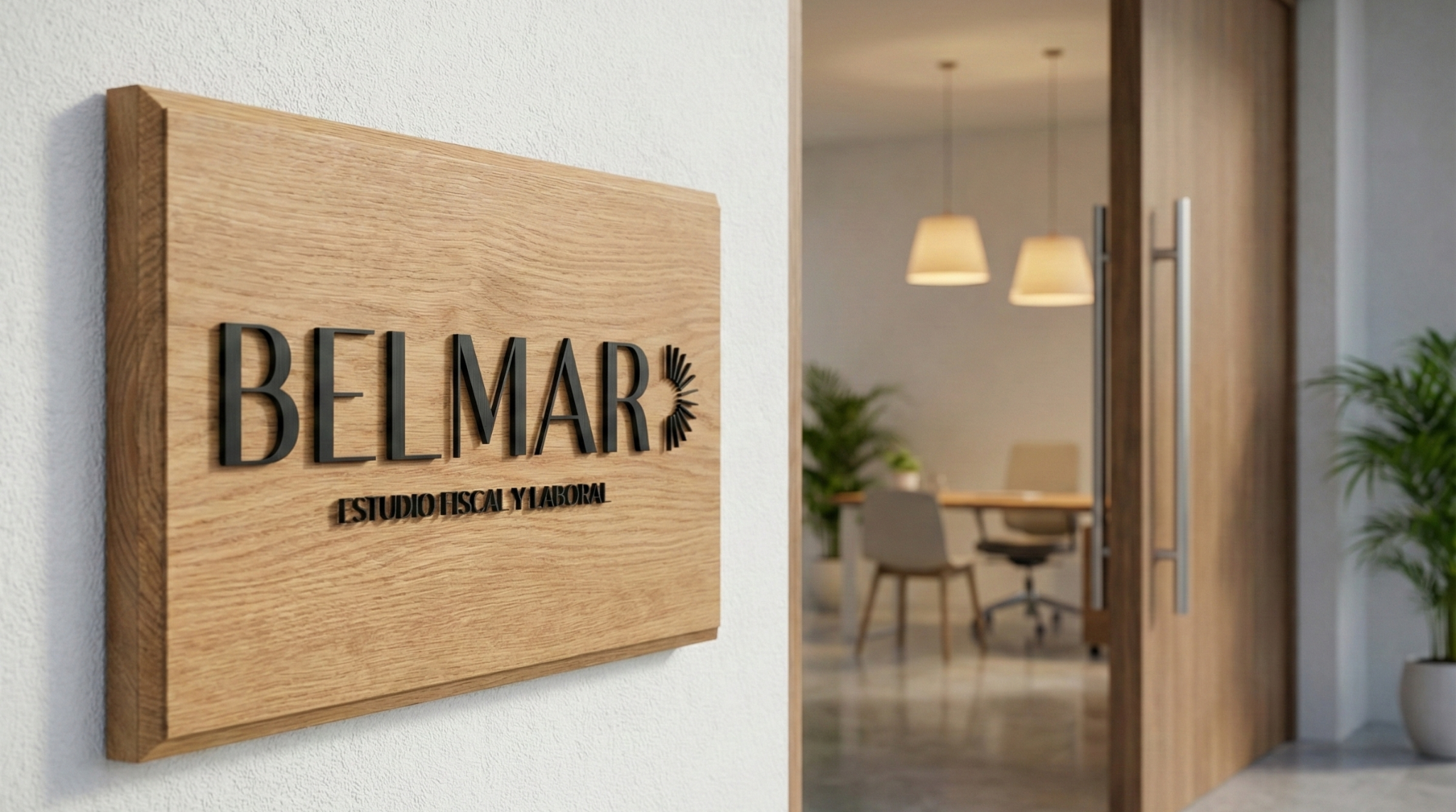 Cartel de madera que dice 'BELMAR, estudio fiscal y laboral', en una pared blanca junto a una puerta de madera que da a una sala de reuniones con sillas y plantas.