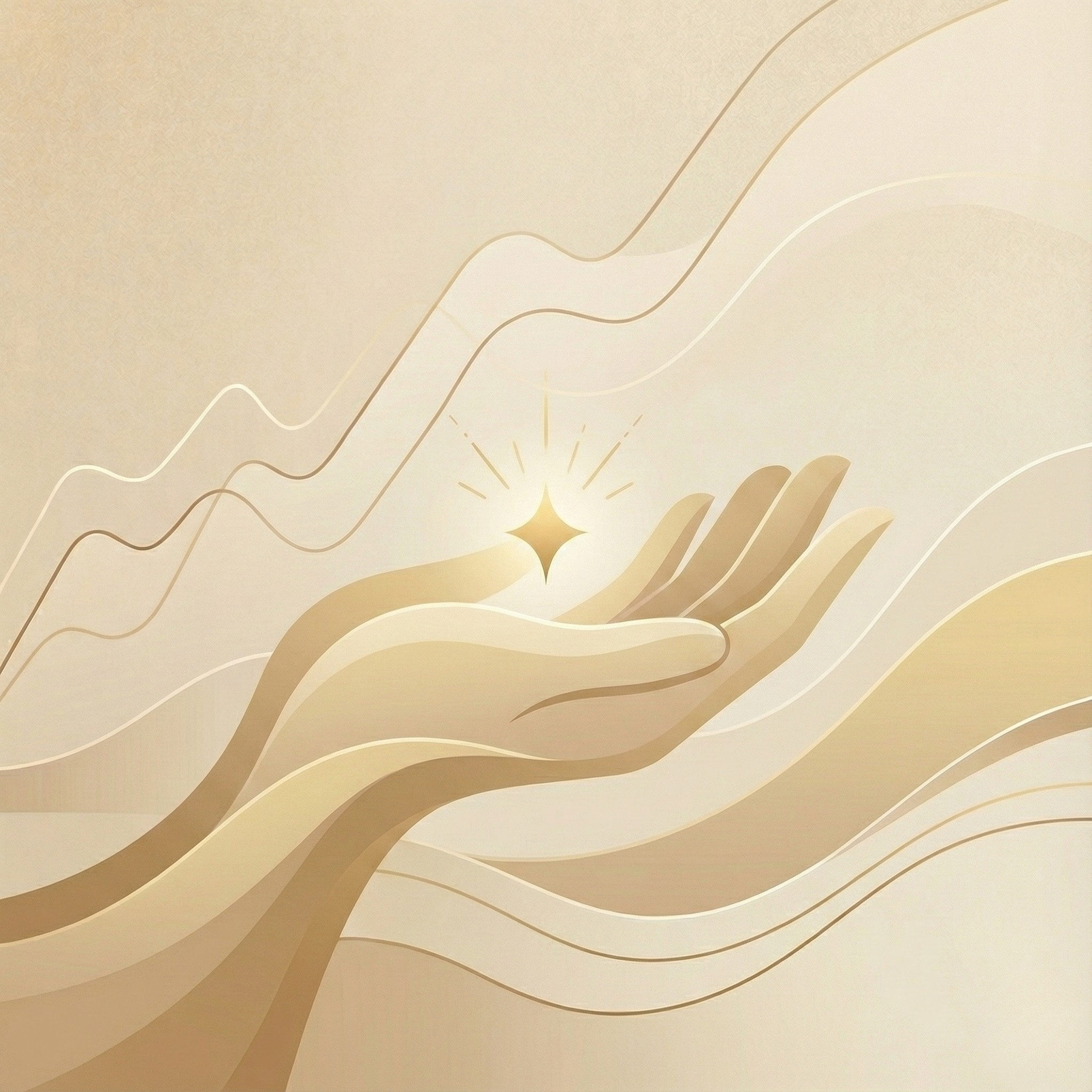 Una mano estilizada con brillo en la palma, con líneas curvas de fondo en tonos dorados y suaves.