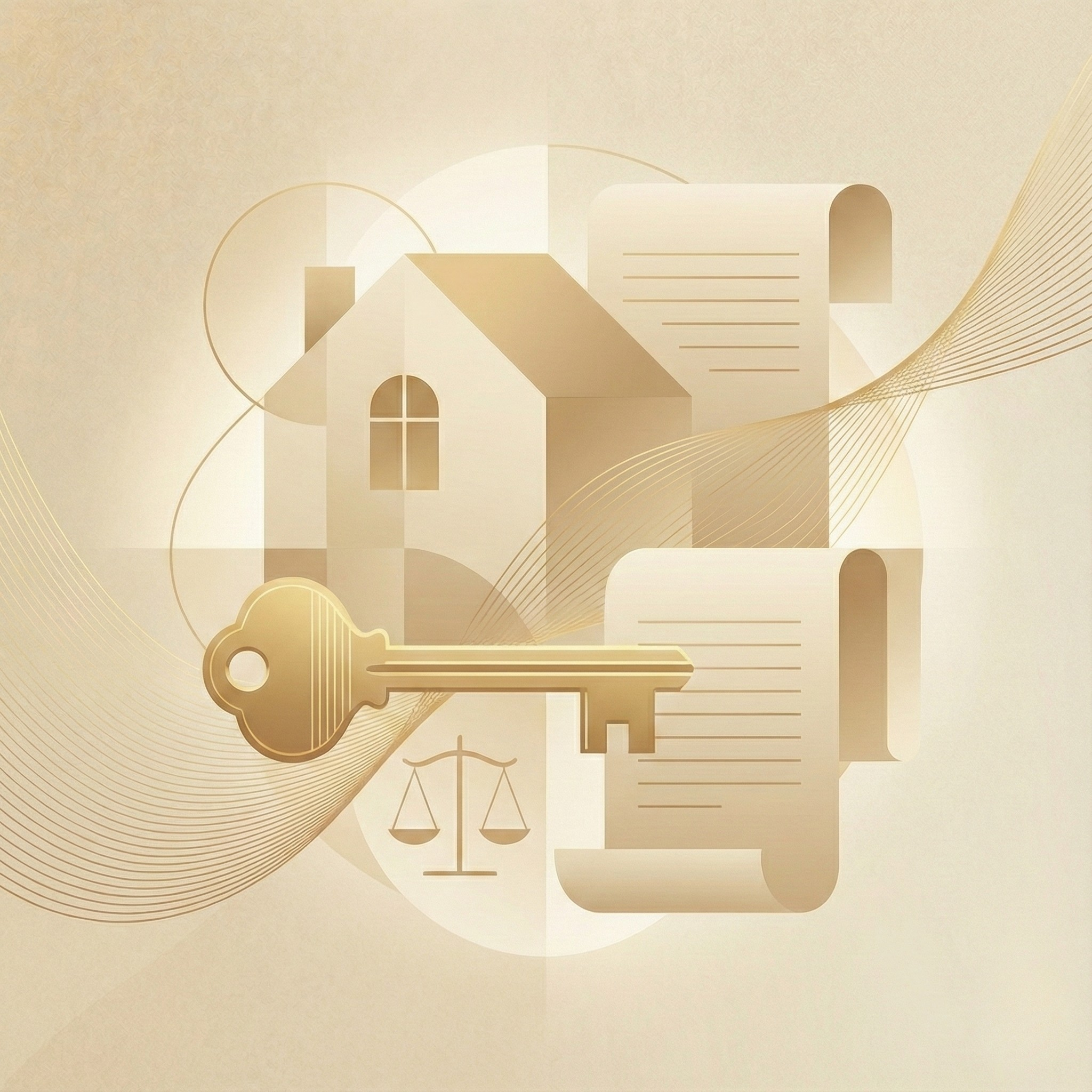 Llave dorada sobre fondo con símbolos de vivienda, documentos y balanza de justicia.